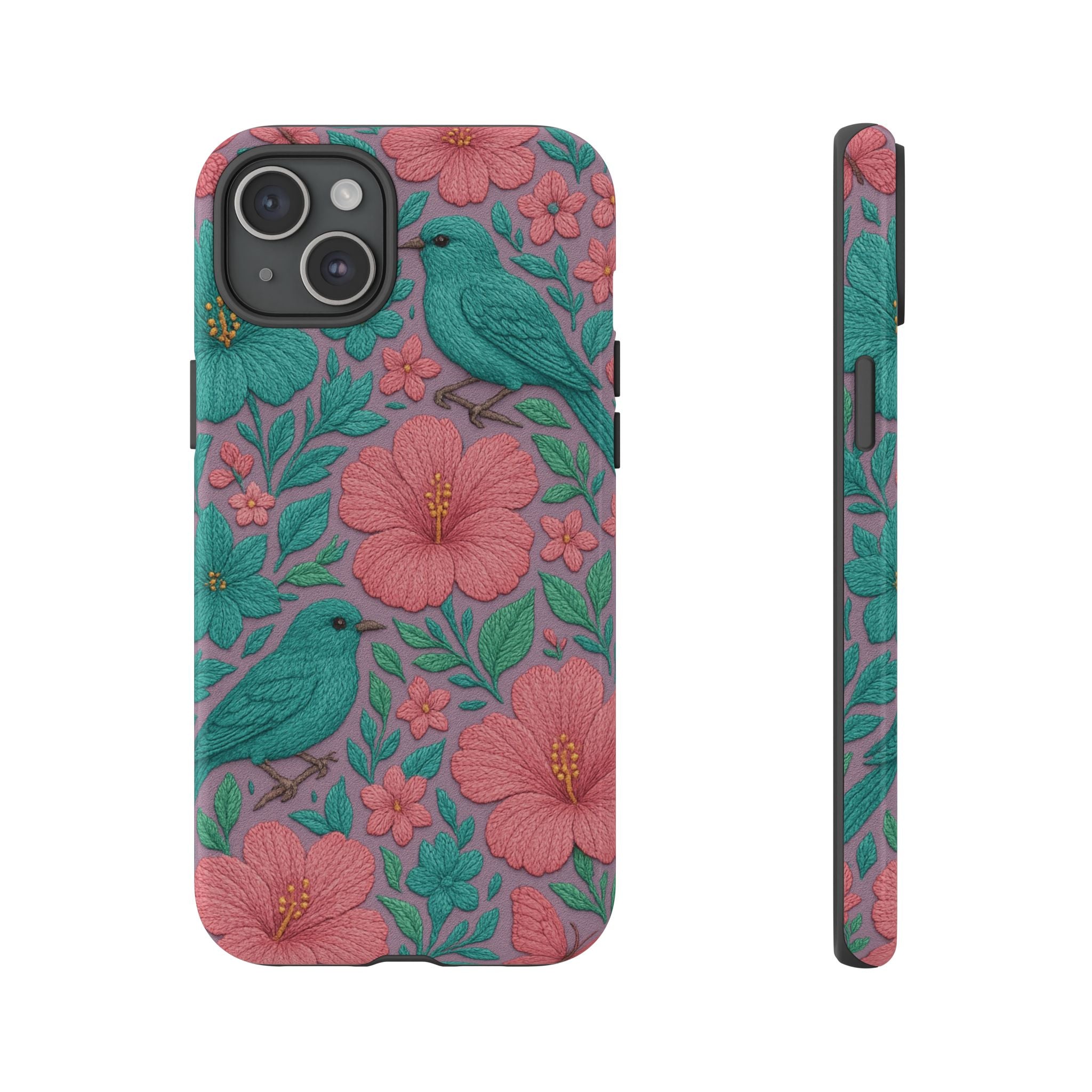 Turquoise, Pink and Lavender 3D Embroidery Illusion Phone Case Tropical Flowers, Birds & Butterflies Cover with Bold, Realistic Floral Texture iPhone, Samsung
