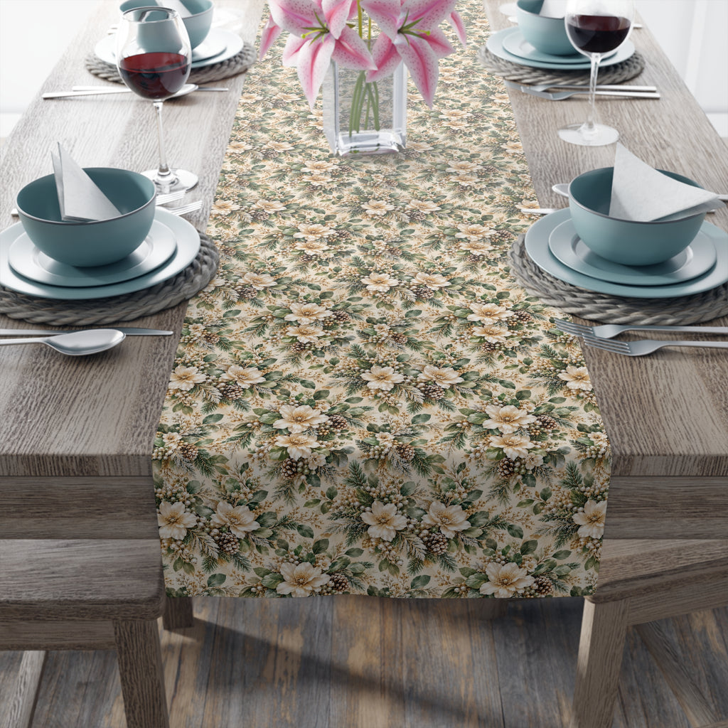 Sage Green & Champagne Floral Table Runner