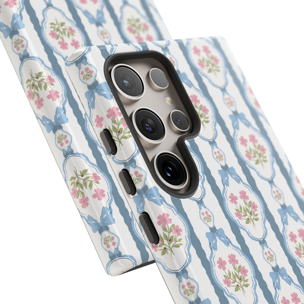 Coque de téléphone Vintage Nœud Bleu et Rose — Motif floral romantique « Tough Cases »