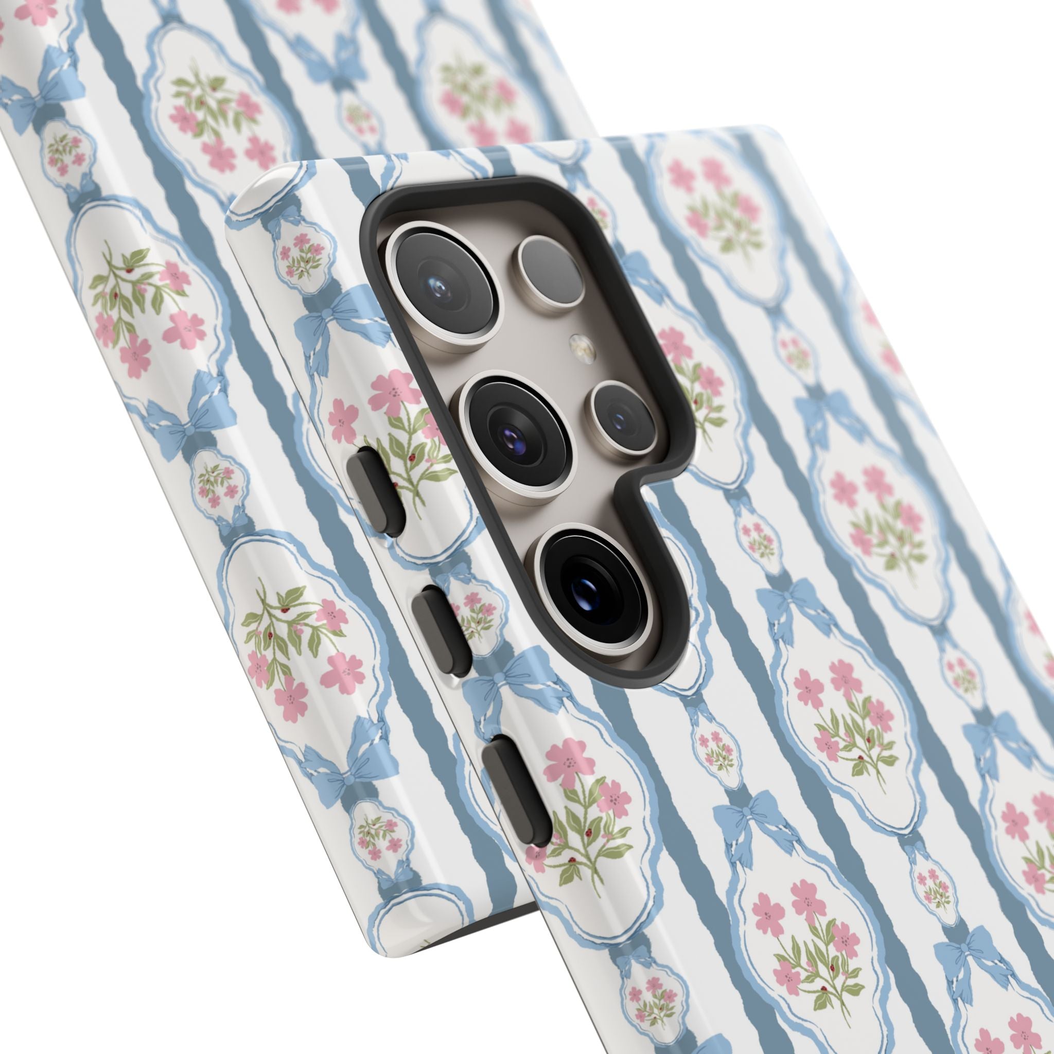 Coque de téléphone Vintage Nœud Bleu et Rose — Motif floral romantique « Tough Cases »