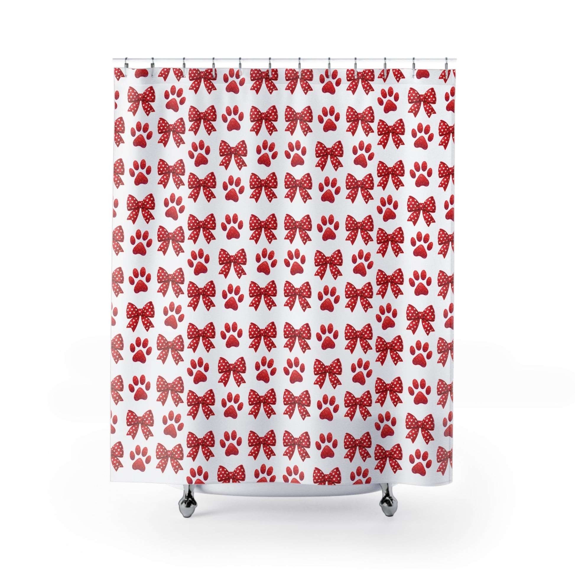 Red Bows and Paws Shower Curtain 71x74 - Cute Paw Print Bathroom Decor, Adorable Dog Lover Gift, Durable and Stylish, Perfect Pet-Themed Home Accessory! - MRSBYVALLE