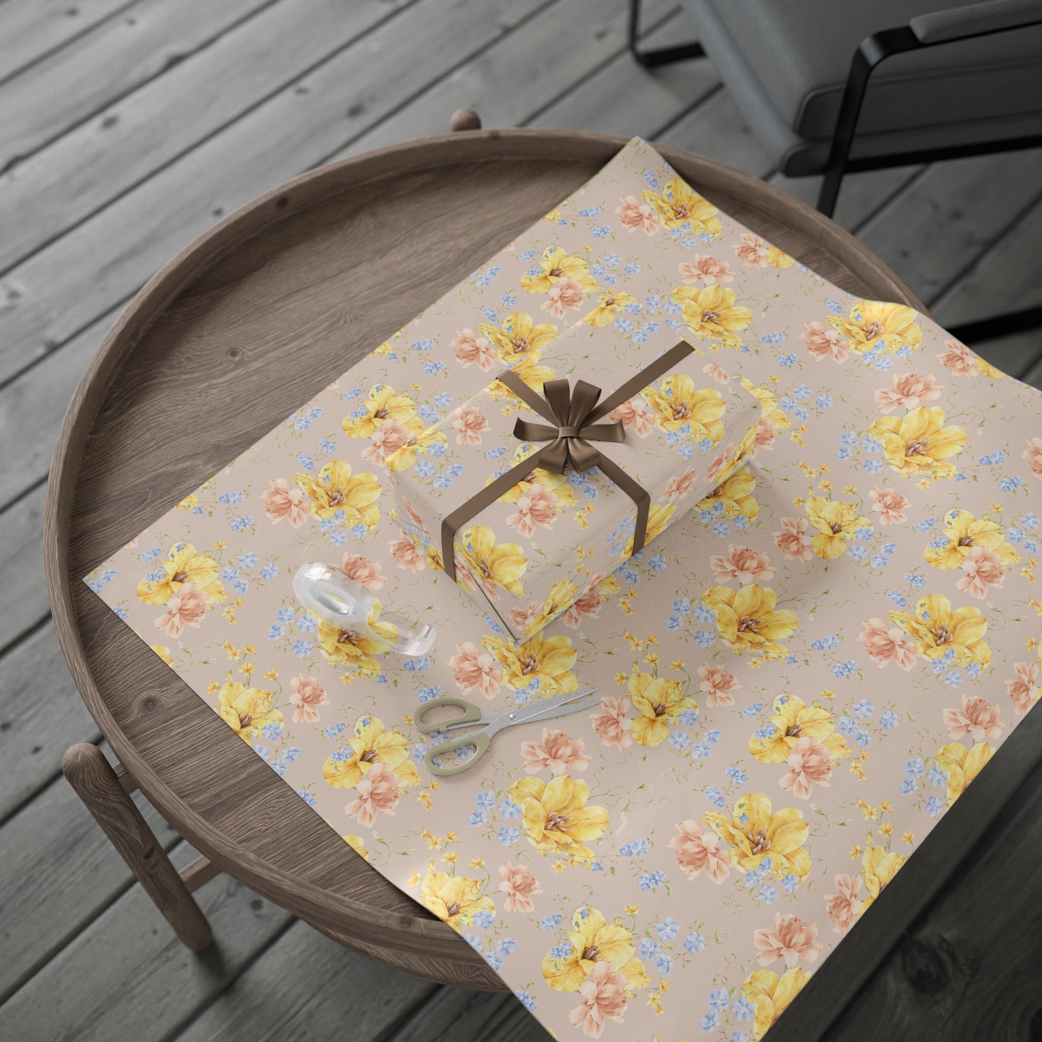 Yellow and Blue Floral Wrapping Paper | Wedding, Birthday & Bridal Shower Gift Wrap