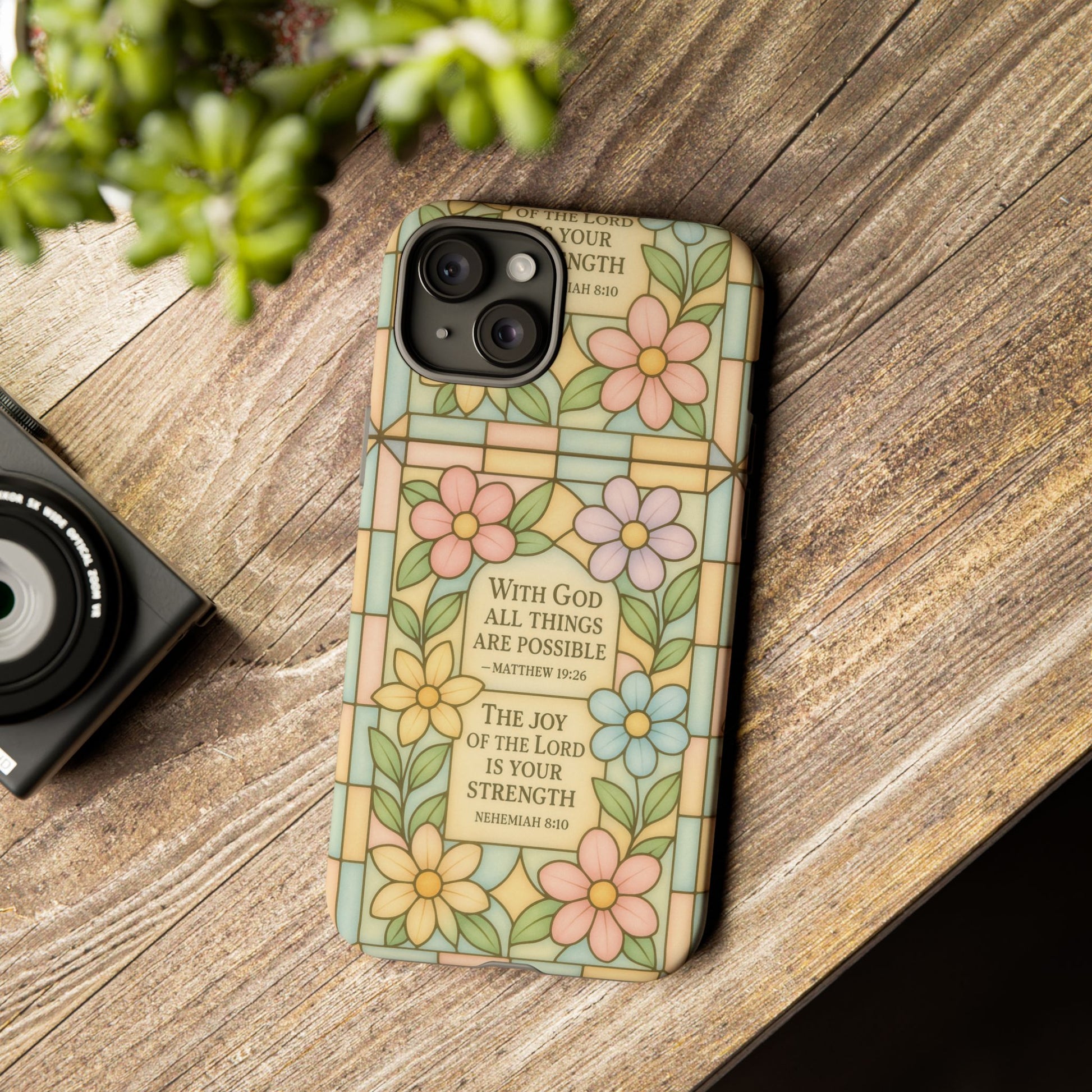 Pastel Stained Glass Bible Verse Phone Case Christian Affirmation Cover, Soft Geometric Design, iPhone Samsung Google, Faith Gift for Her Bible Verse or Affirmation | Protective, Inspirational Gift for Christians
