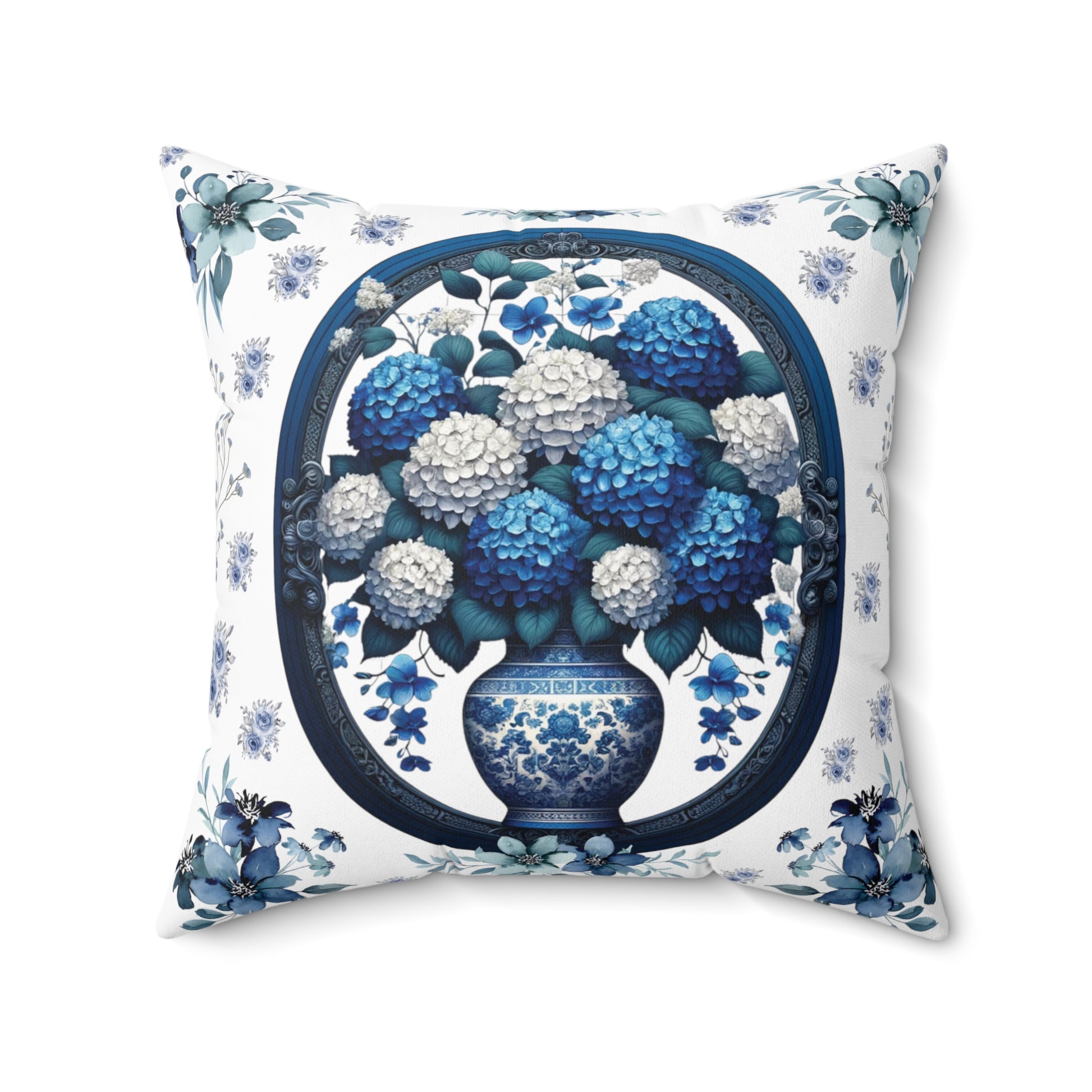Square Pillow Vintage Chinoiserie Hydrangeas Square Pillow: Elegant Blue White Victorian Frame Ideal for Luxurious Home Decor Comfort for Living Room, Bedroom or Housewarming Gift New House, Bridal Shower Gift.