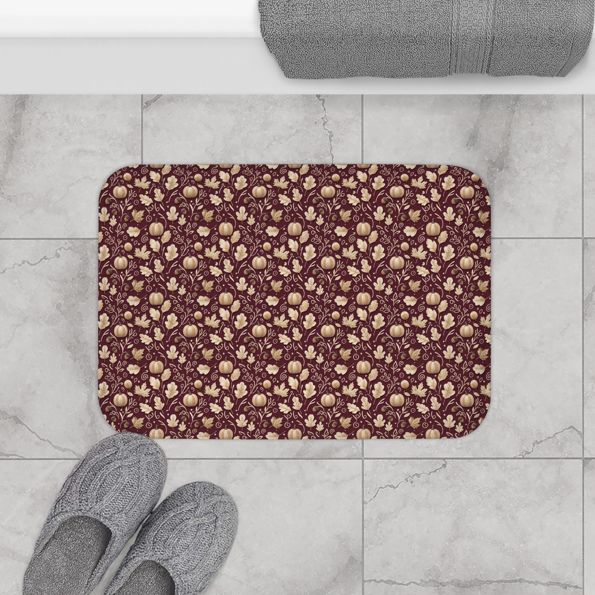 Burgundy Fall Bath Mat, Autumn Leaves Memory Foam Rug, Seasonal Bathroom Decor, Cozy Rustic Harvest Accent Floor Mat