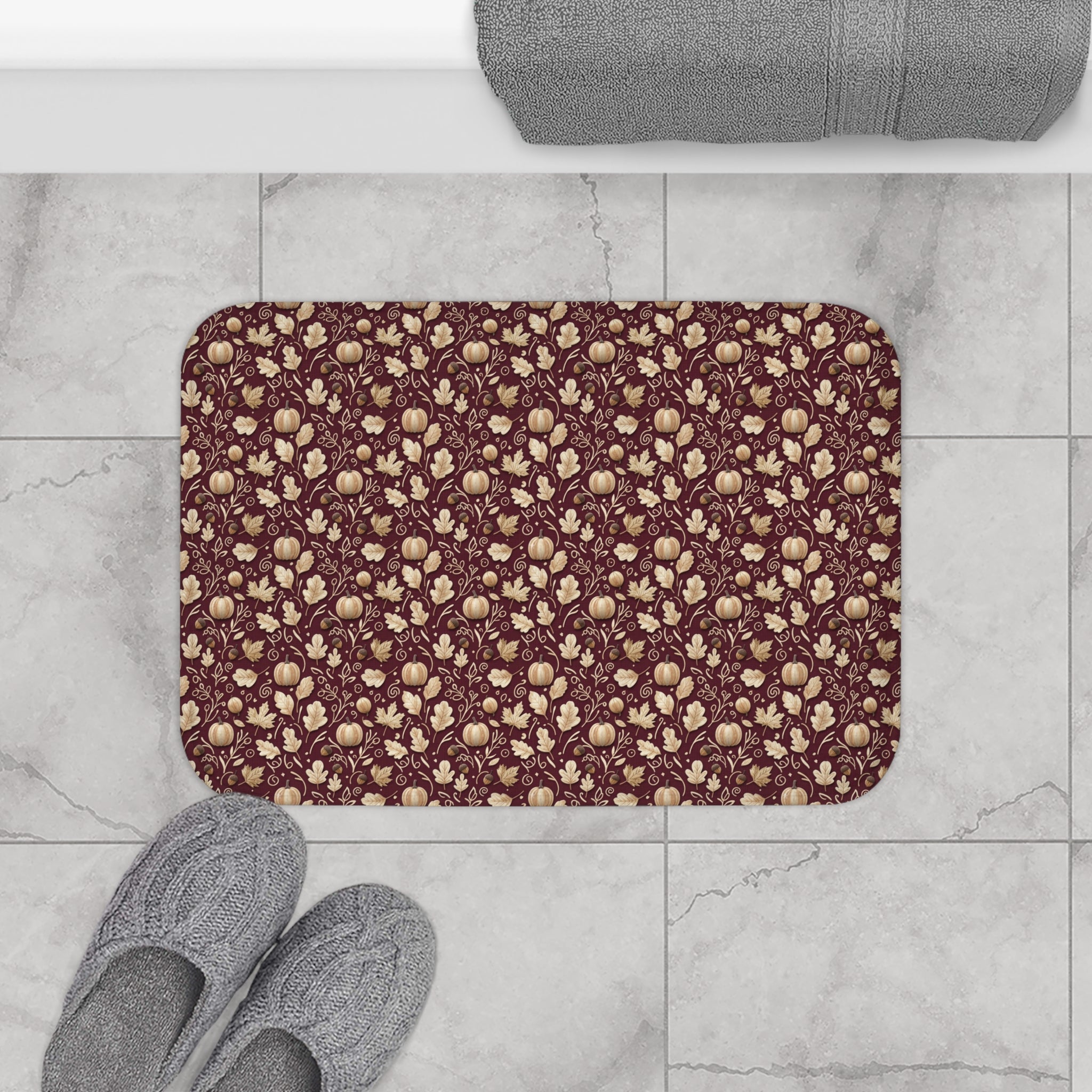Burgundy Fall Bath Mat, Autumn Leaves Memory Foam Rug, Seasonal Bathroom Decor, Cozy Rustic Harvest Accent Floor Mat
