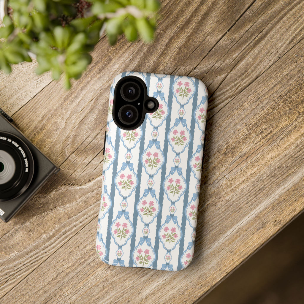 Coque de téléphone Vintage Nœud Bleu et Rose — Motif floral romantique « Tough Cases »