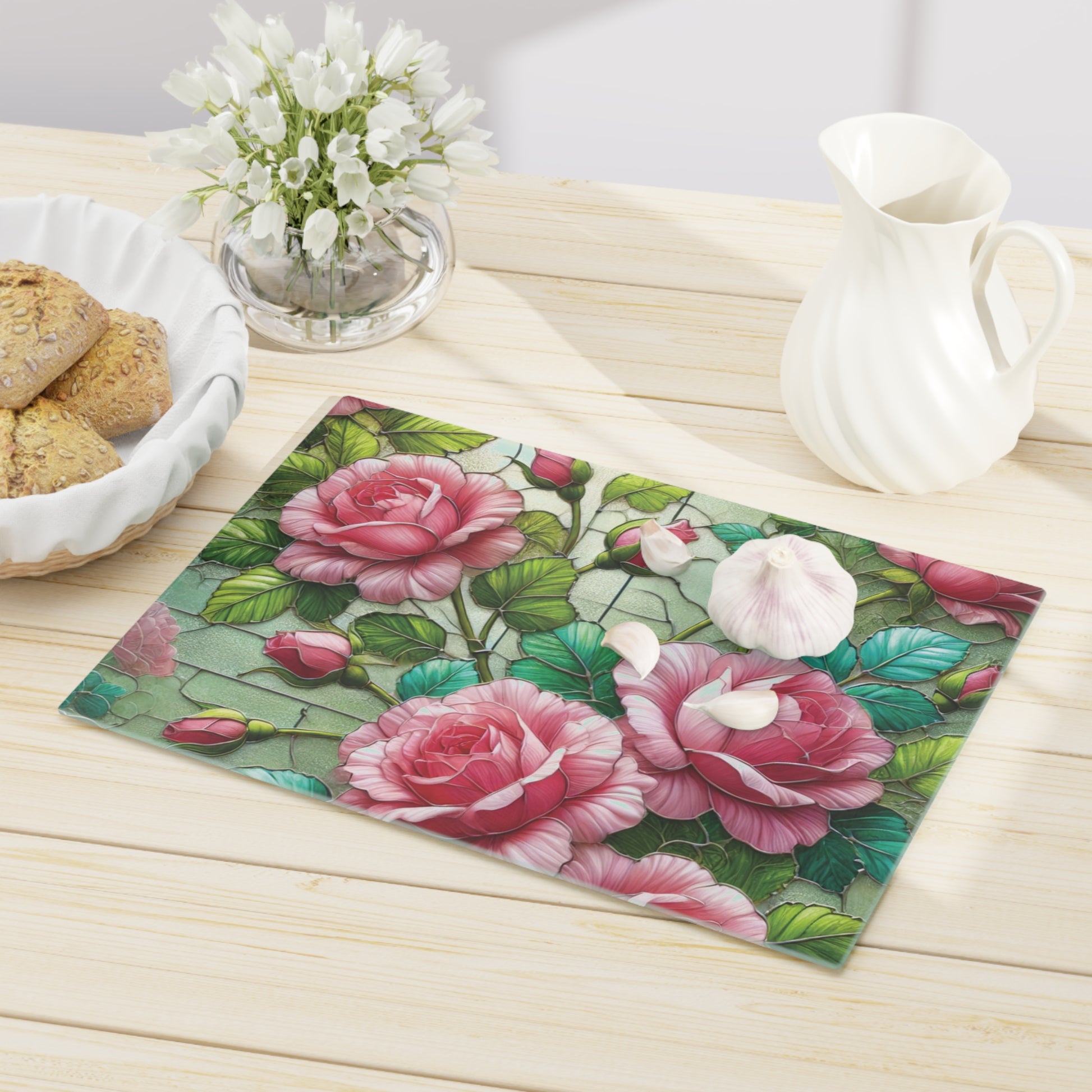 Elegant Stained Glass Cutting Board with Roses Durable Tempered Glass, Decorative Functional Kitchen Accessory, Perfect for Chopping, Serving, & Gifting | Rose Design New House Gift - MRSBYVALLE