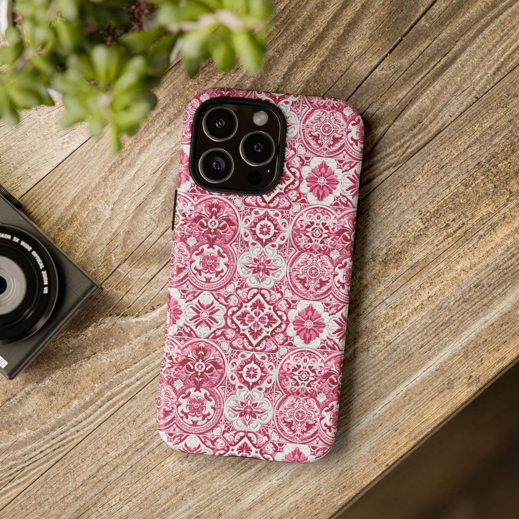 Pink and White Mediterranean Tile Design Phone Case - Stylish, Protective Cover for All Models Gift for Mom Accessory Gift for Her