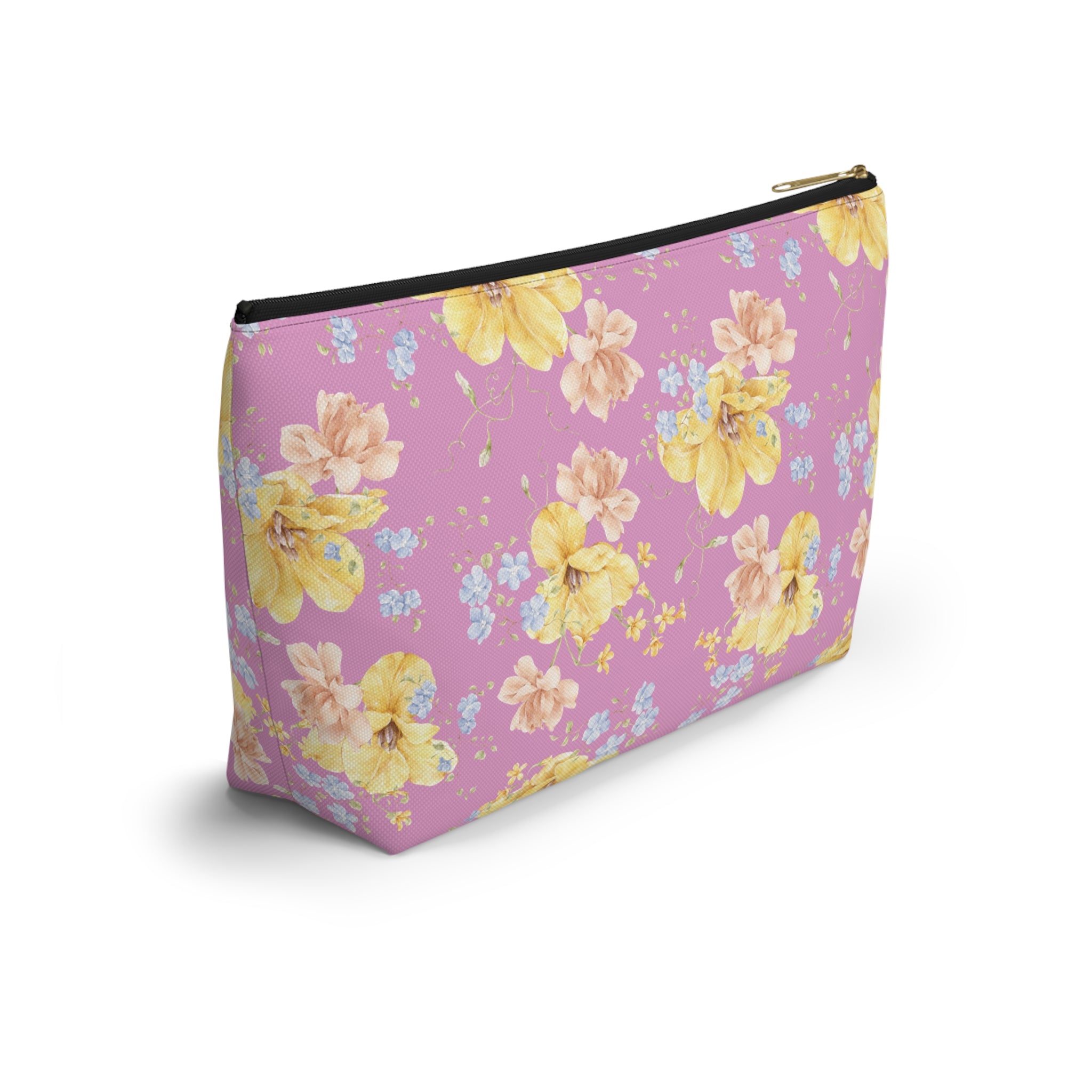 Yellow Floral Accessory Pouch — T‑Bottom Cosmetic Bag Makeup