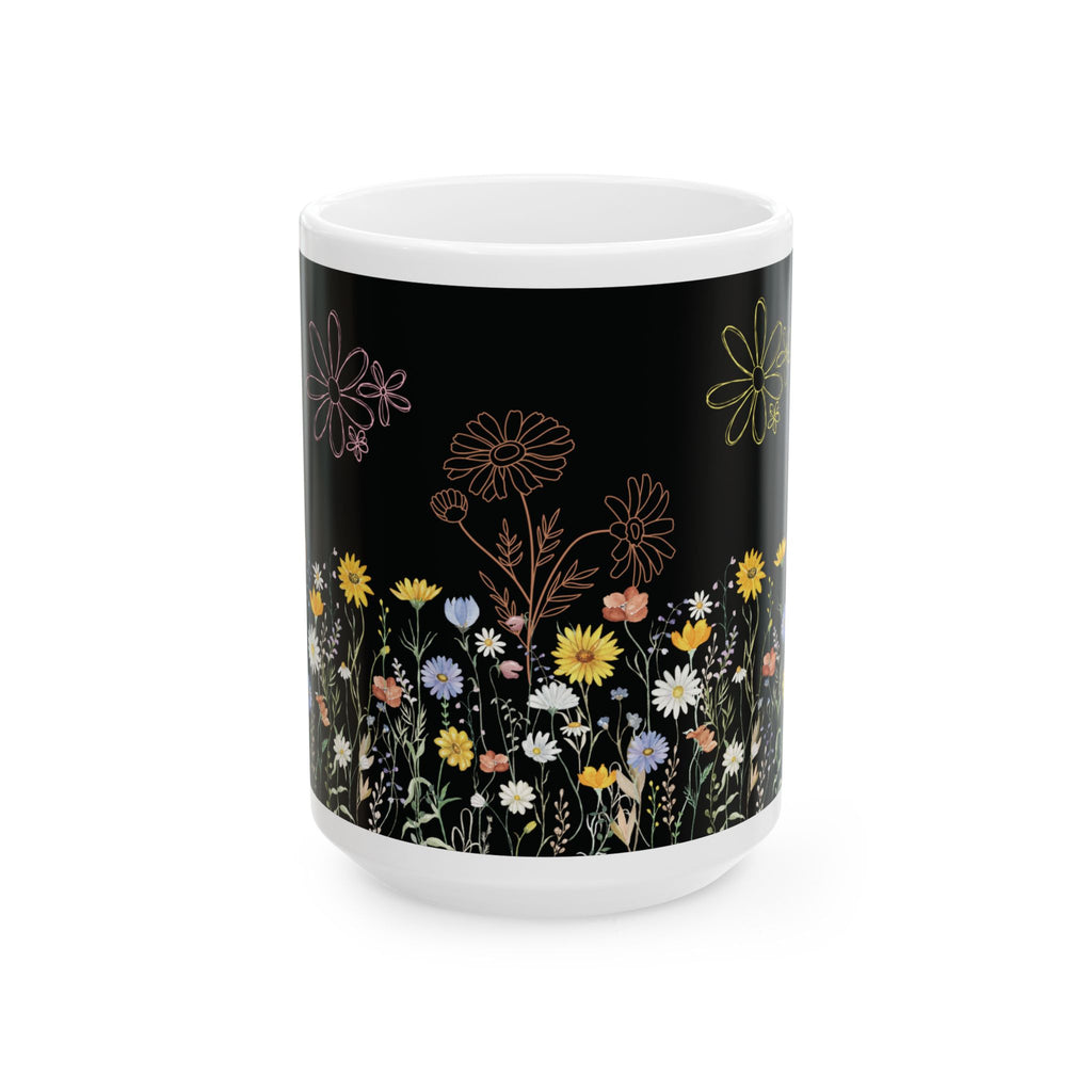 Tasse à café motif fleurs sauvages – 325 ml et 445 ml | Noire avec fleurs sauvages colorées, Tasse florale esthétique, Cadeau inspiré de la nature, Tasse compatible lave-vaisselle et micro-ondes pour maman