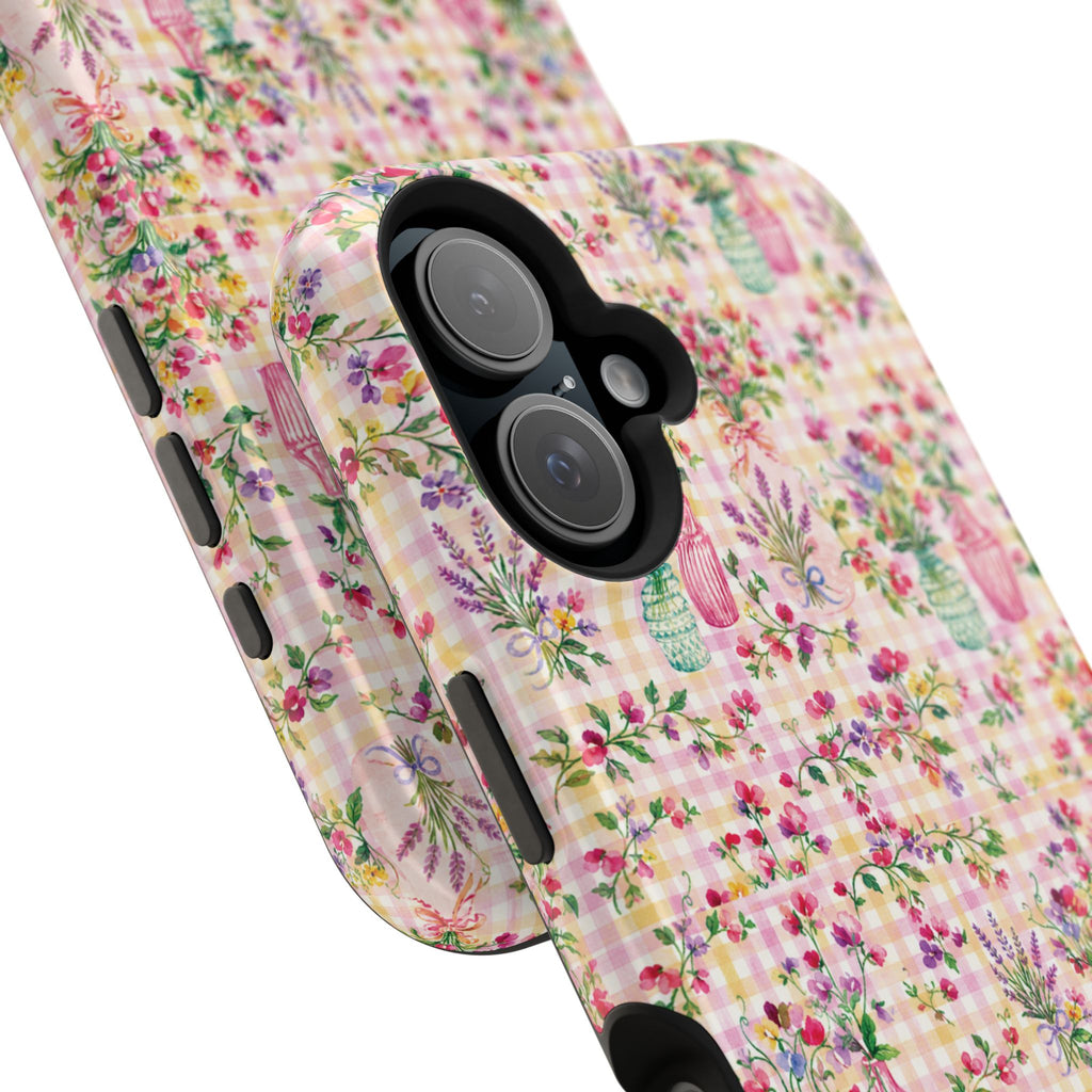 Turquoise & Pink Floral Checker Phone Case — Magnetic Impact-Resistant