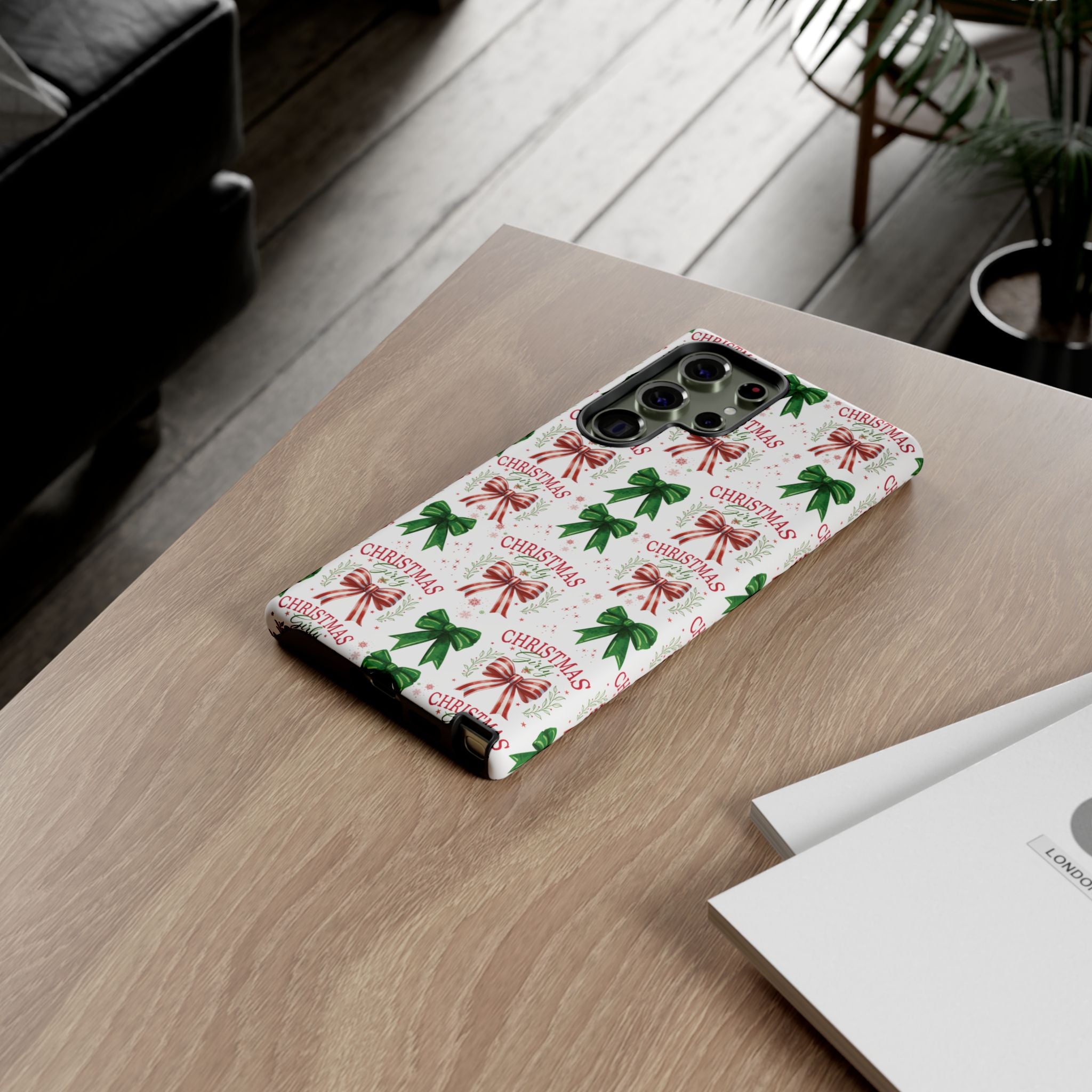 Girly Christmas Coquette Bows Pastel Phone Case for iPhone 17 16 15 23 Samsung, and Pixel | Stylish Protective Cover Gift for Her Perfect for Floral Lover