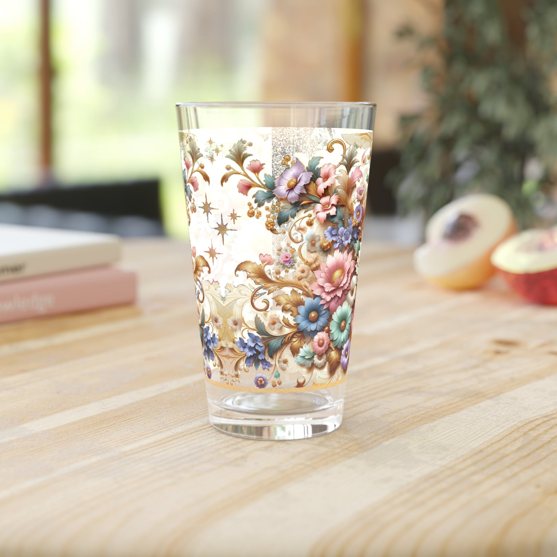 Watercolor Gold Pink Purple Floral 16oz Pint Glass Delicate Blooms for Refreshing Sips Art Gifts, Party Drinkware, Cocktail Glass Housewarming Perfect Gift Party Drinkware, Cocktail, Wedding Perfect for Parties Glassware, New House Gift.