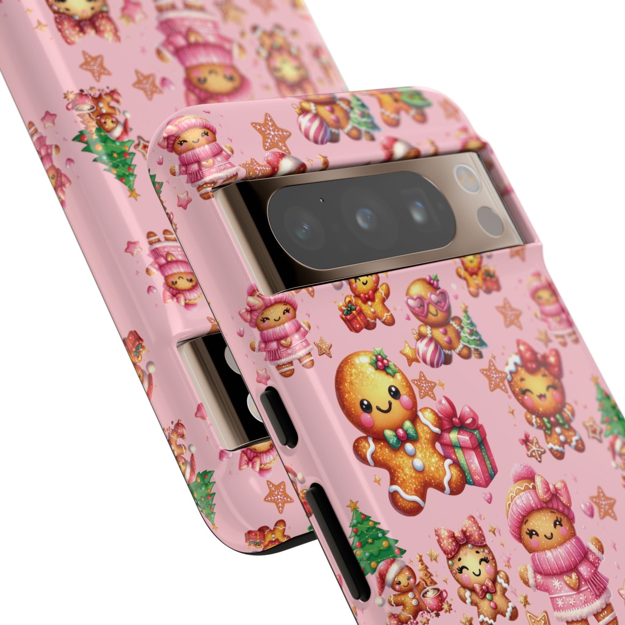 Coque de téléphone en forme de petite fille pain d'épices rose adorable, ambiance girly pour les fêtes, esthétique douce de Noël, idée cadeau mignonne et festive pour elle, housse de protection amusante