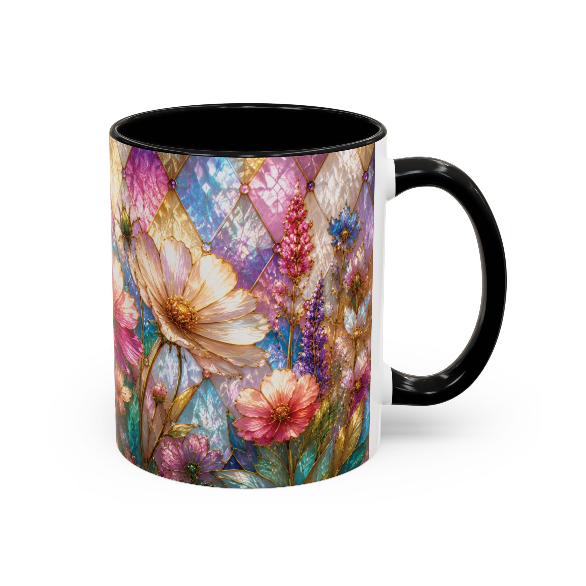 Floral Mosaic Accent Coffee Mug — Colorful Garden Flowers 11/15oz Stain Glass Illusion