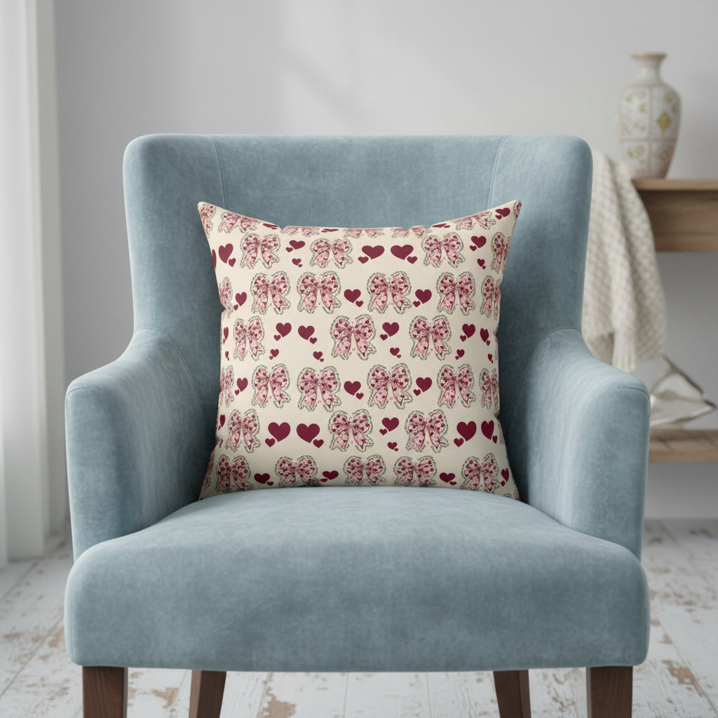 Charming Hearts & Pink Bows Square Pillow  Stylish Home Decor Accent for Living Room, Bedroom, or Gifts | Soft & Durable 100% Polyester with Double-Sided Print - MRSBYVALLE