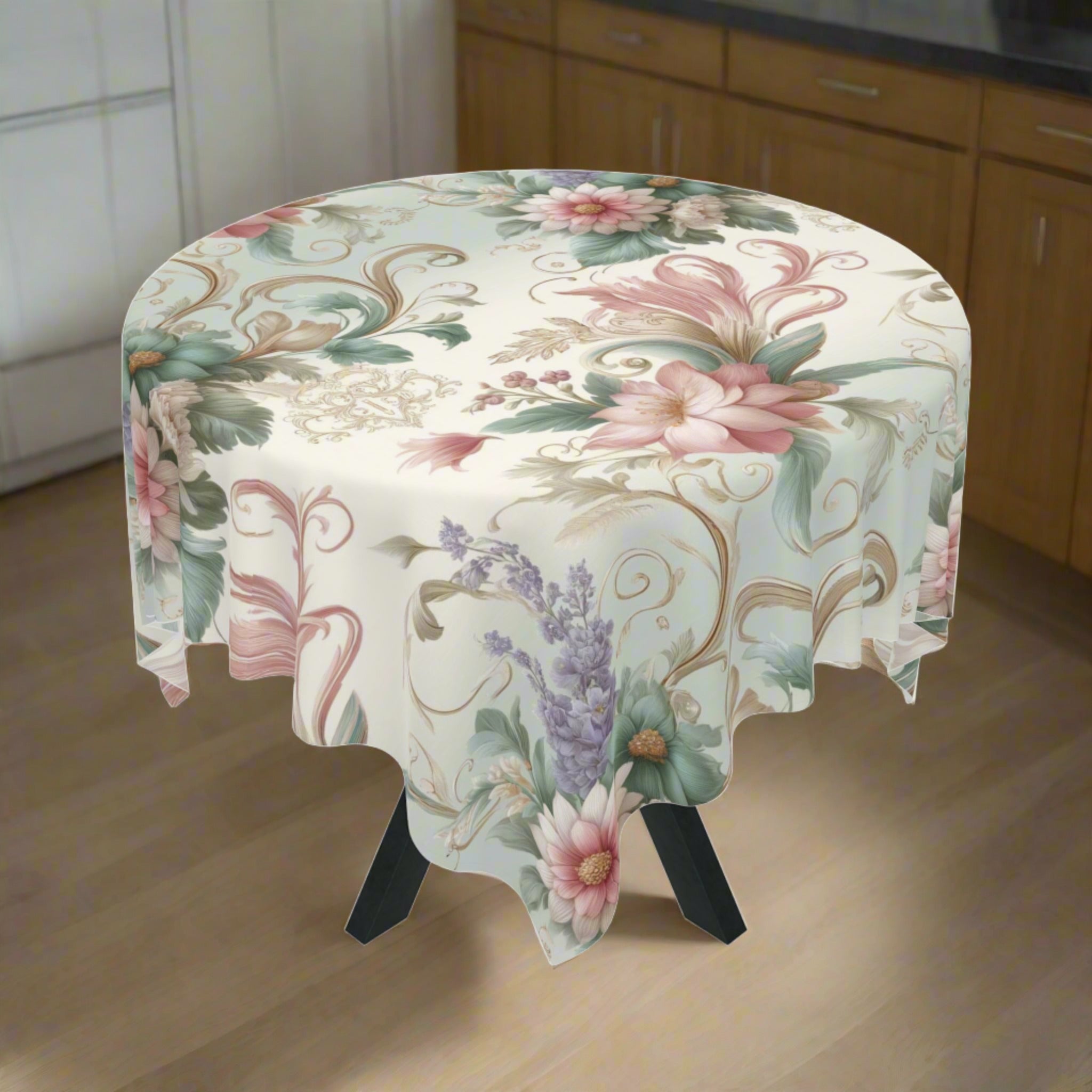 Elegant Floral Pastel Tablecloth with Delicate Leaves and Gold Accents - Perfect for Adding a Sophisticated Charm to Your Dining Room Weddings, Birthdays all Events  and Occasions - MRSBYVALLE
