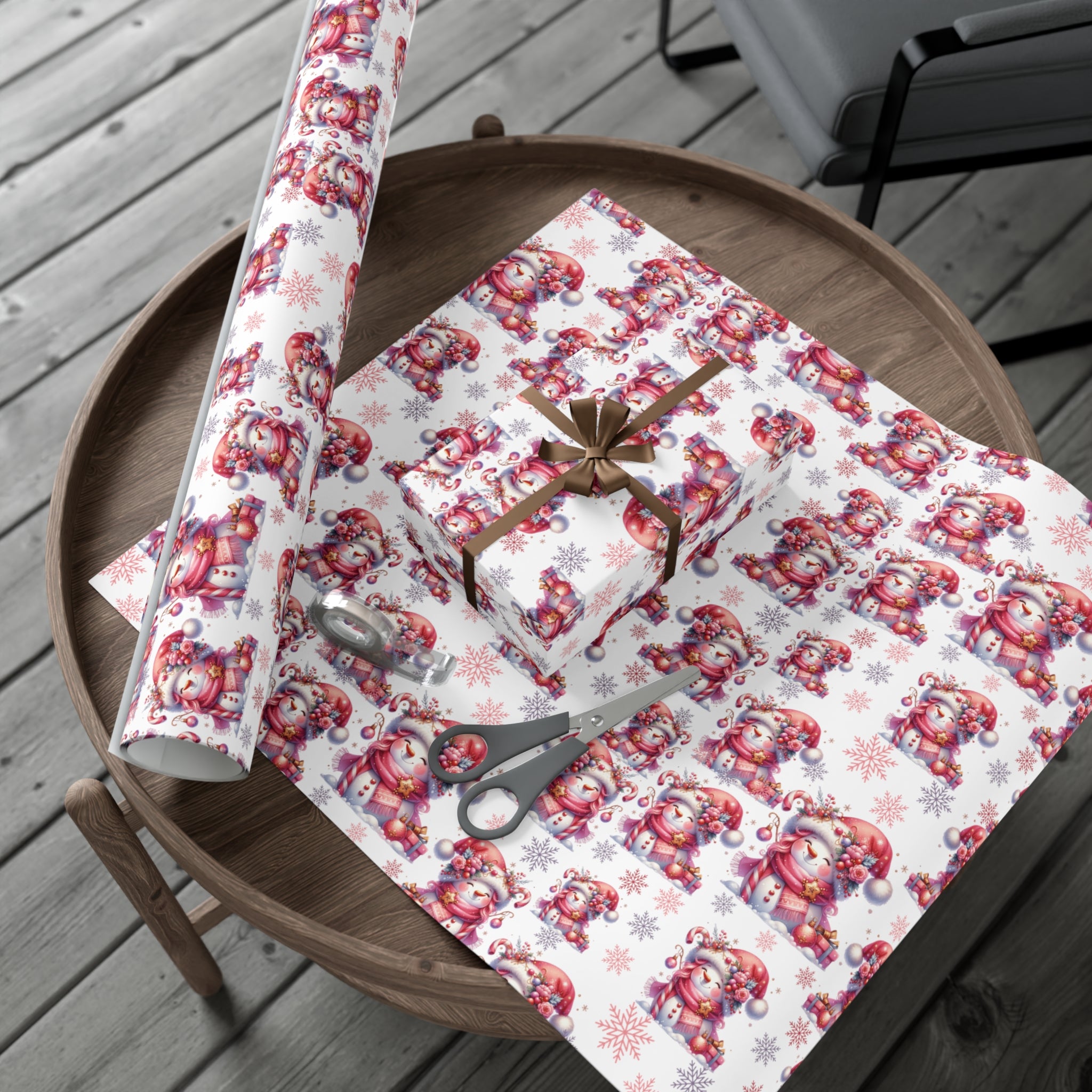 Pink Christmas Snow People Theme Wrapping Paper Vintage-Inspired Gift Wrap Perfect for Christmas Gifts and Special Occasions, Moms Gift - MRSBYVALLE