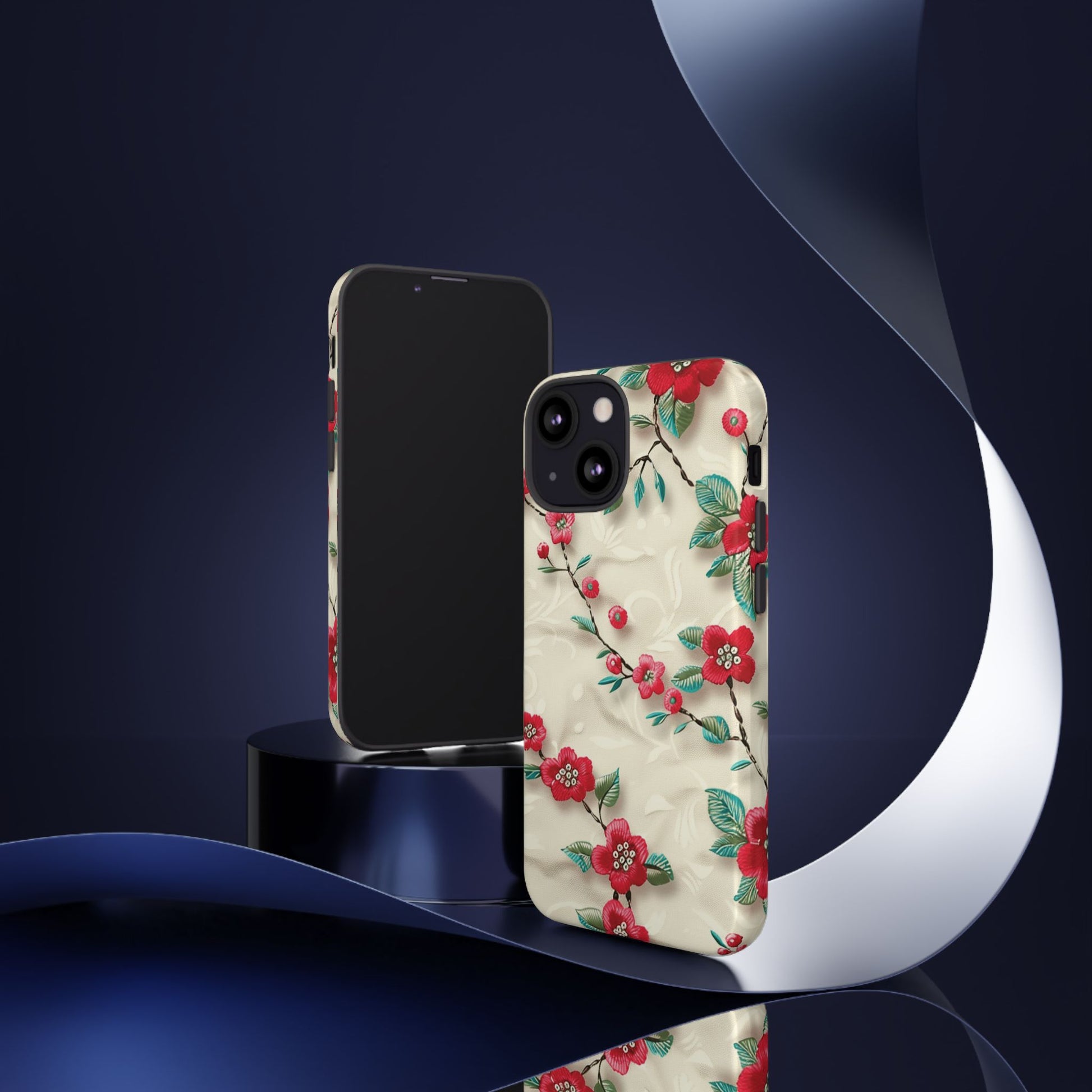 3D Embroidery Illusion Red Flowers Phone Case for iPhone, Samsung Pixel Artistic Floral Protection 15 14 13 12, 21 23 Gift for Her Perfect for Floral Lover