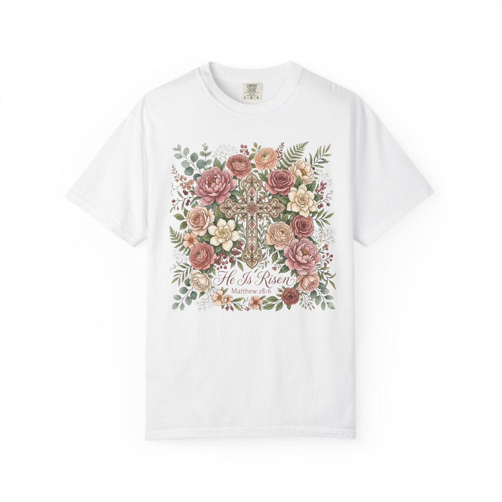 He Is Risen Floral Cross T-Shirt Christian Gift