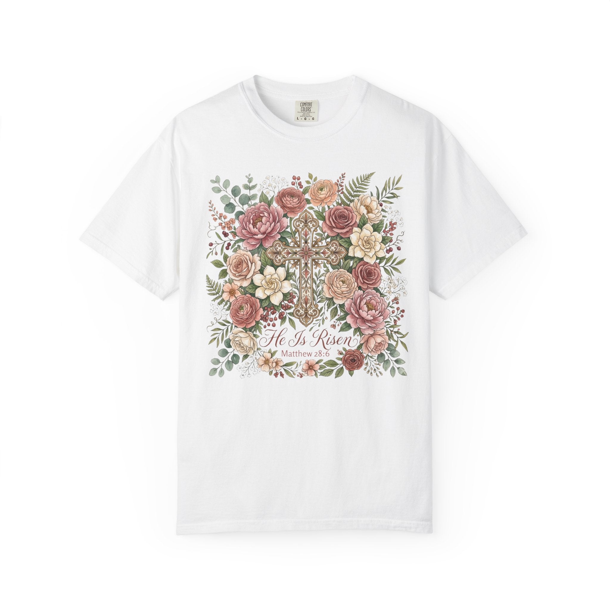 He Is Risen Floral Cross T-Shirt Christian Gift