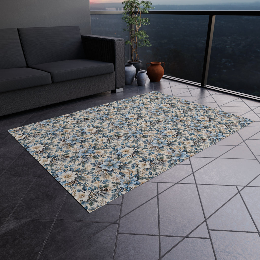 Icy Blue Floral Outdoor Patio Rug