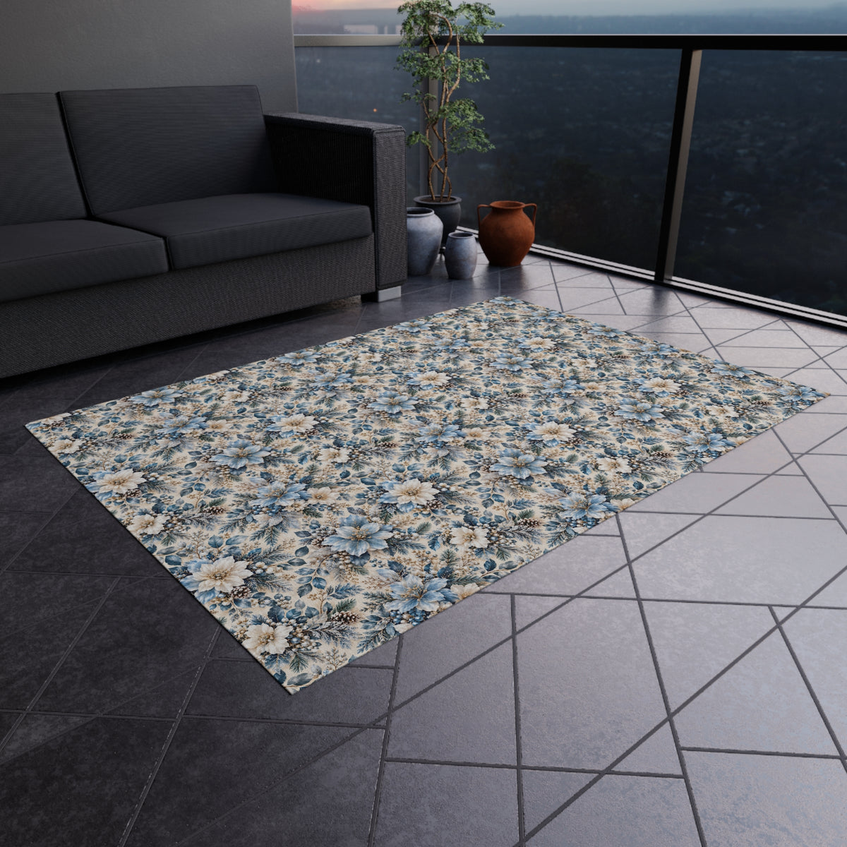 Icy Blue Floral Outdoor Patio Rug