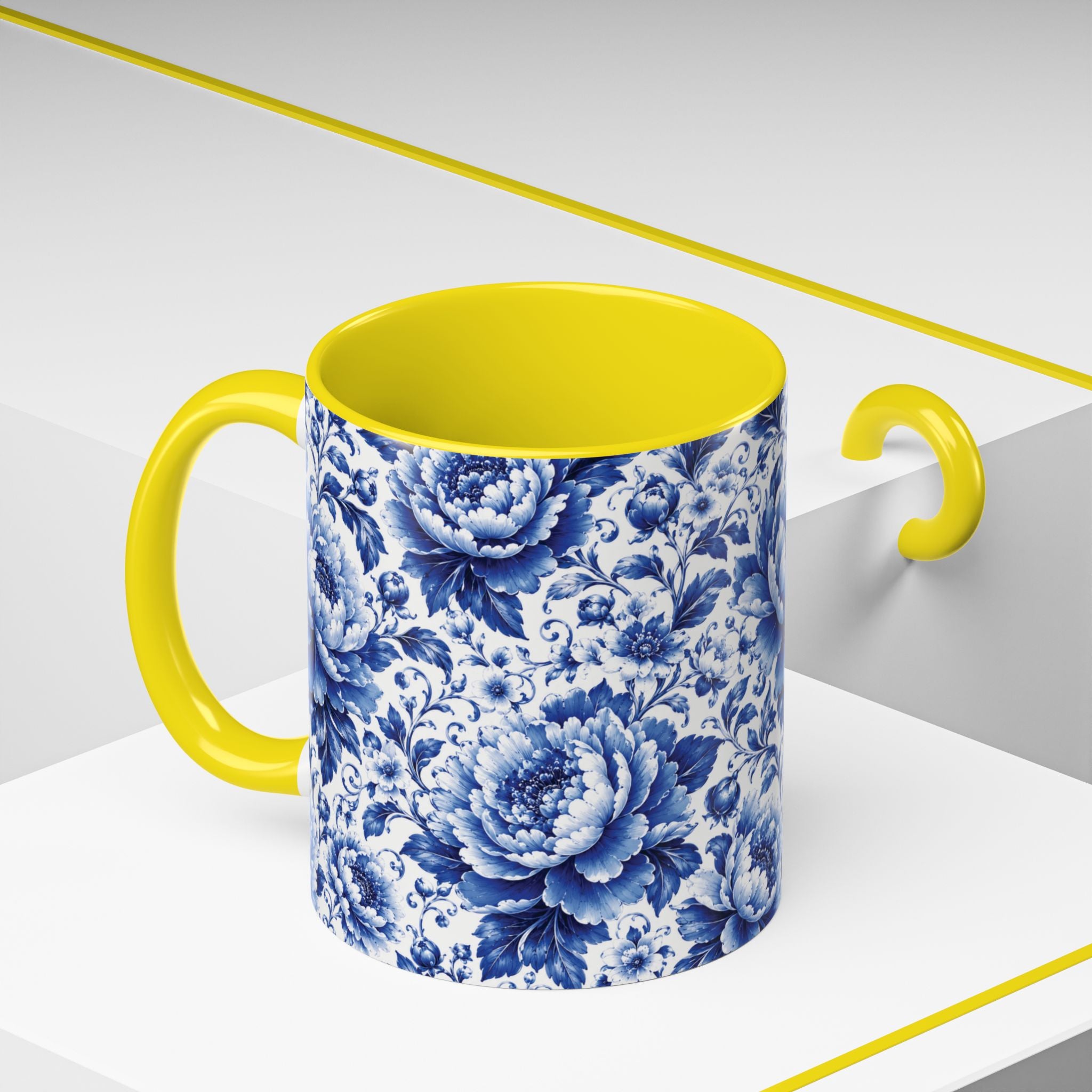 Blue Floral Ceramic Coffee Mug — Vintage Delft Peony Accent (11oz & 15oz) Blue & White Chinoiserie Tea Mug