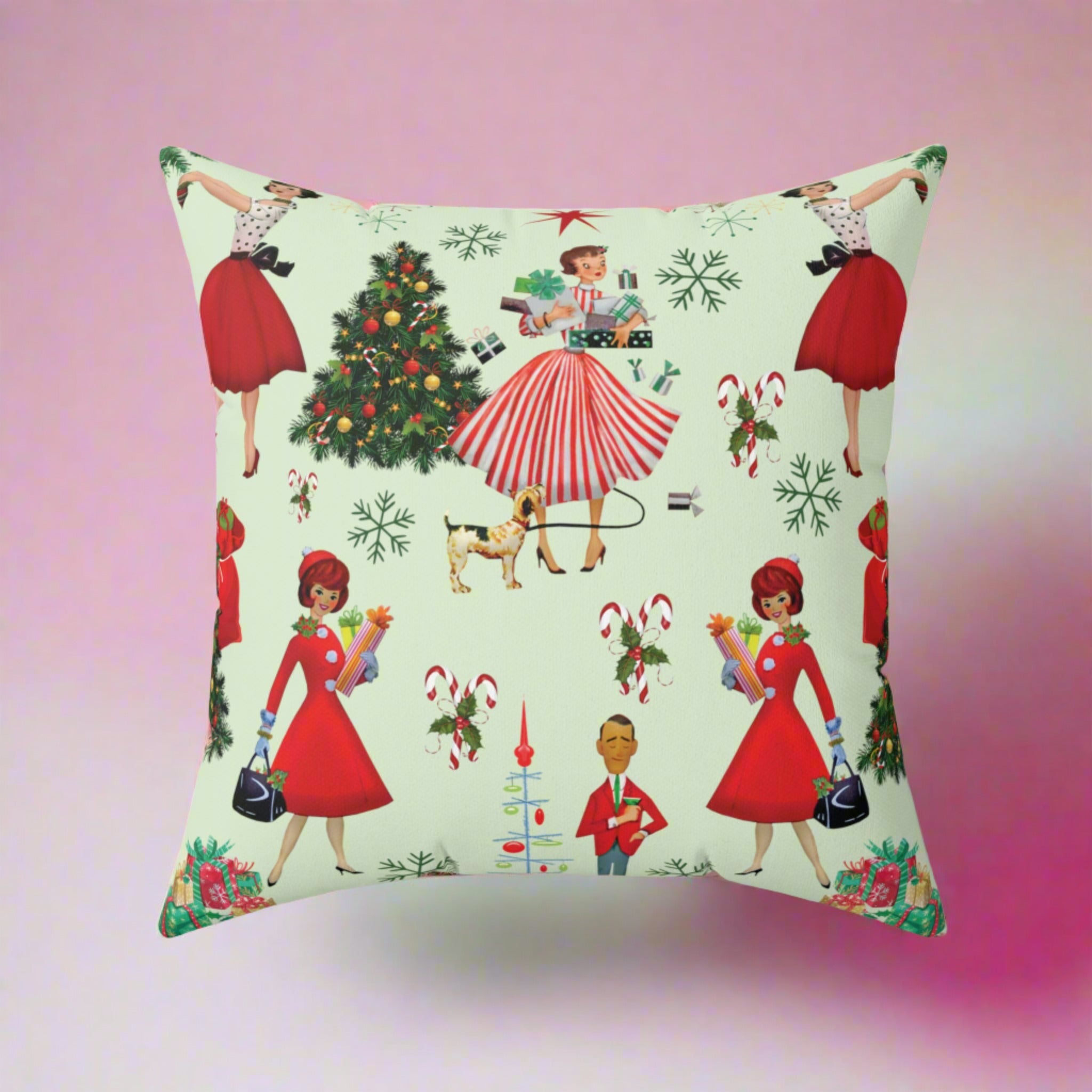 Housewarming Gift 1950s Vintage Decorative Pillow - Retro Christmas Design Square Decorative Pillow  Accent Home Decor | Premium Quality, Soft, and Durable | Perfect for Couch, Bed, or Chair | Elegant Bedrooms Pillow Gift New House, Bridal Shower Gift - MRSBYVALLE