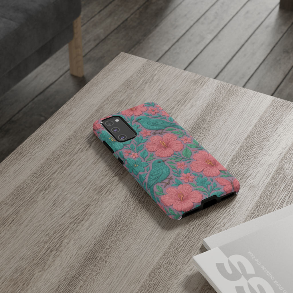 Turquoise, Pink and Lavender 3D Embroidery Illusion Phone Case Tropical Flowers, Birds & Butterflies Cover with Bold, Realistic Floral Texture iPhone, Samsung