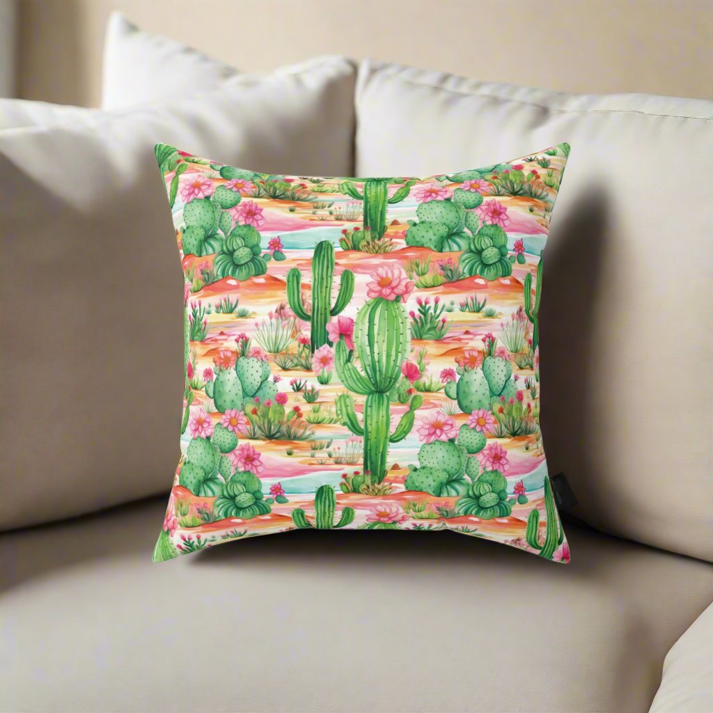 Cactus Pillow Pink and Mint Green Cactus Decorative Pillow  Stylish Square Cushion with Cactus Flowers | Vibrant Home Décor Accent for a Fresh, Nature-Inspired Look