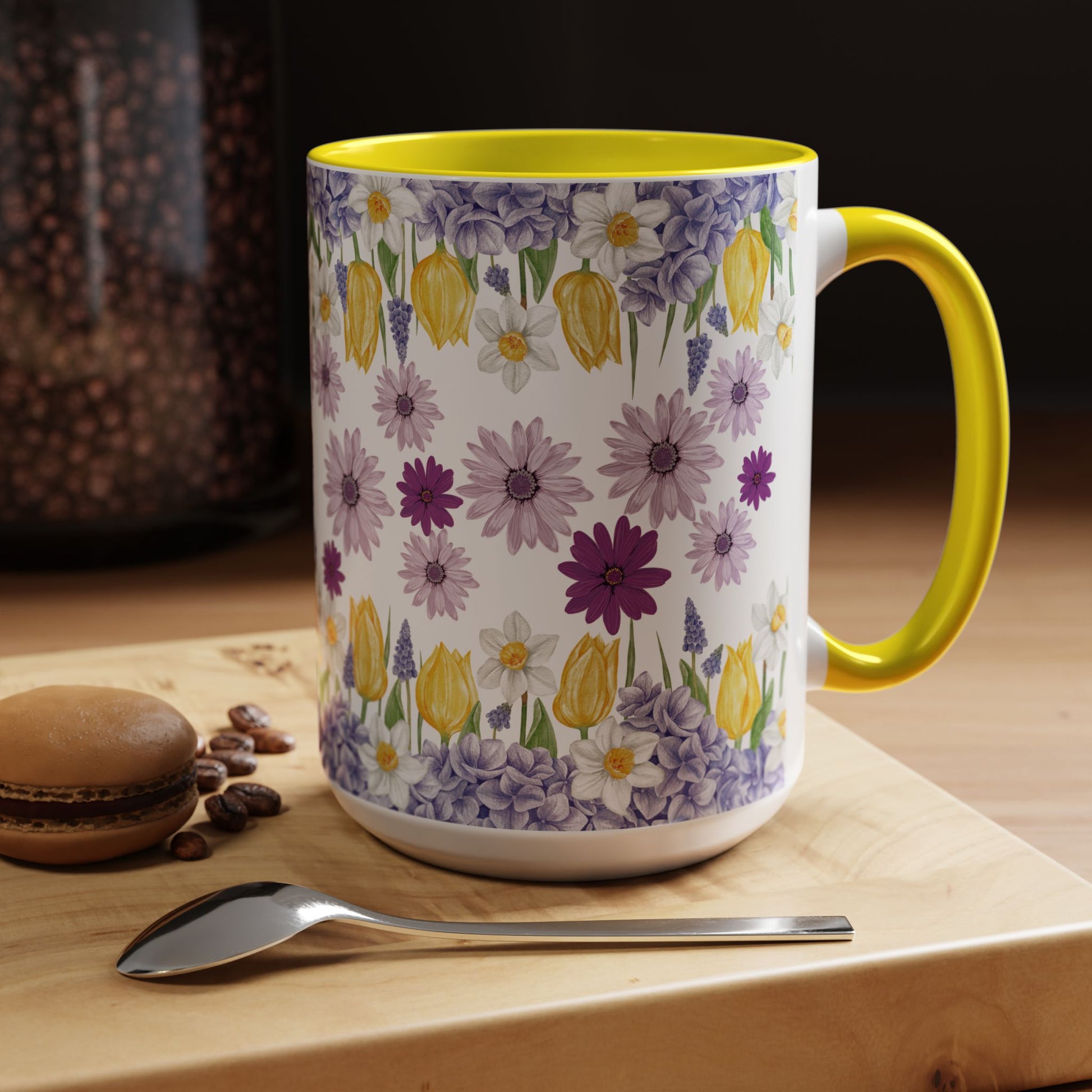 Botanical Floral Mug  Lavender & Yellow Flowers, Ceramic 11oz & 15oz Cup, Ideal Gift for Coffee Lovers, Mother's Day, or Cozy Spring Mornings