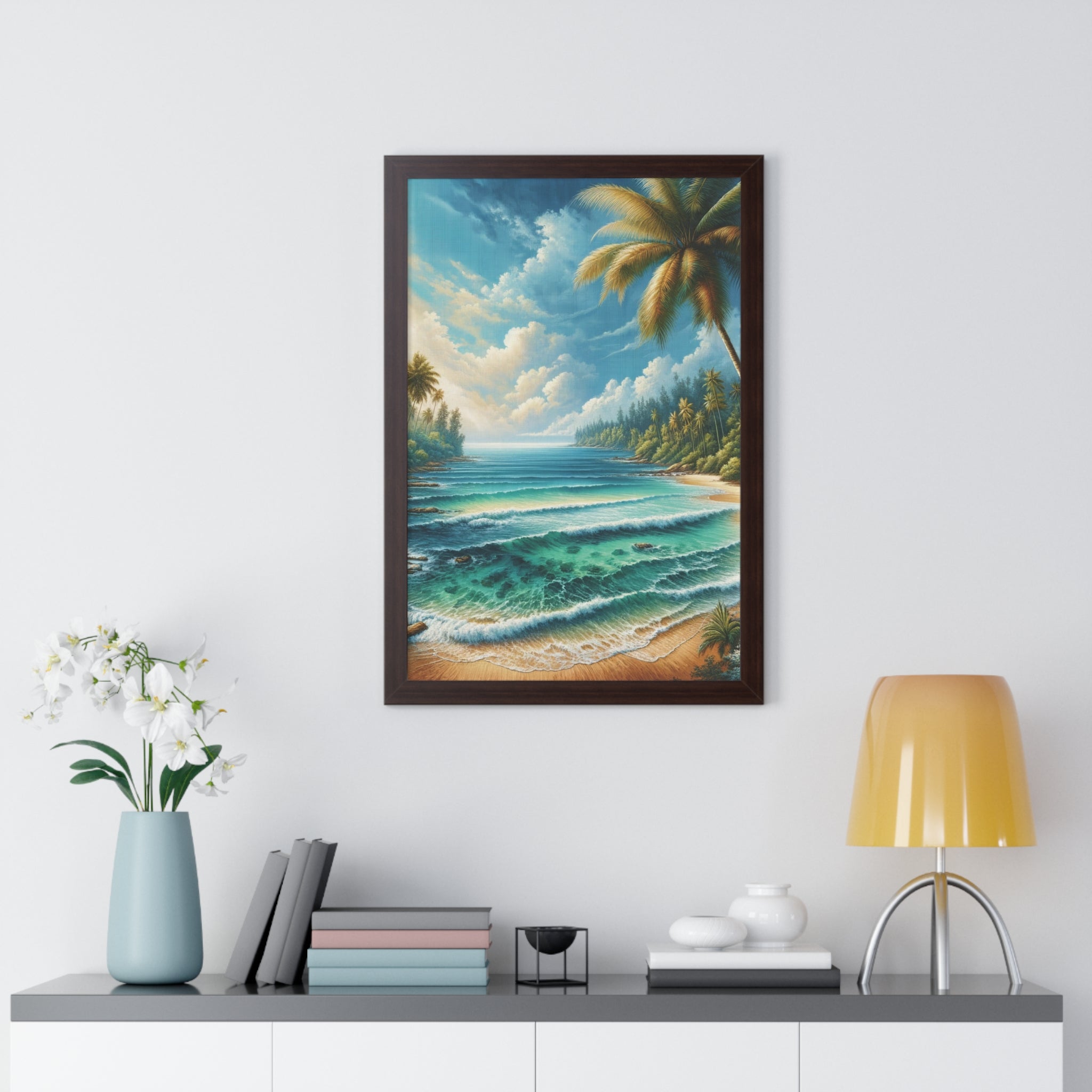 Coastal Bliss Ocean Beach View Framed Canvas Wall Art for Home Decor Framed Canvas Print Wall Art Classic Encased in Black, White, or Walnut Frames with Durable Acrylic Protection Ready to Hang  Timelessly Crafted..