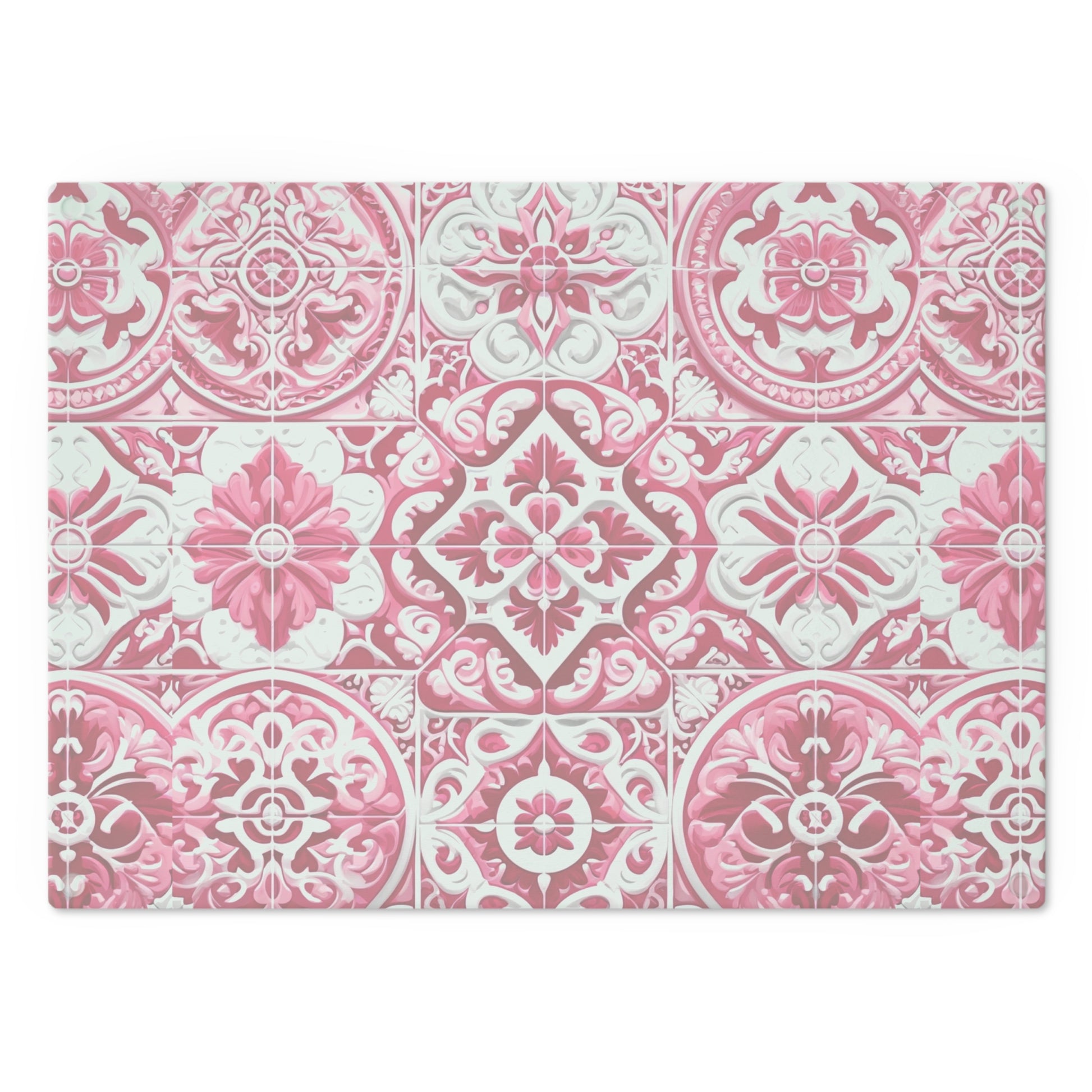 New House Tempered Glass Cutting Board with Pink and White Mediterranean Tile Design Ultra-Durable Kitchen Accessory for Stylish Cooking Kitchen Decor with Elegant Design, Housewarming, New House Gift - MRSBYVALLE