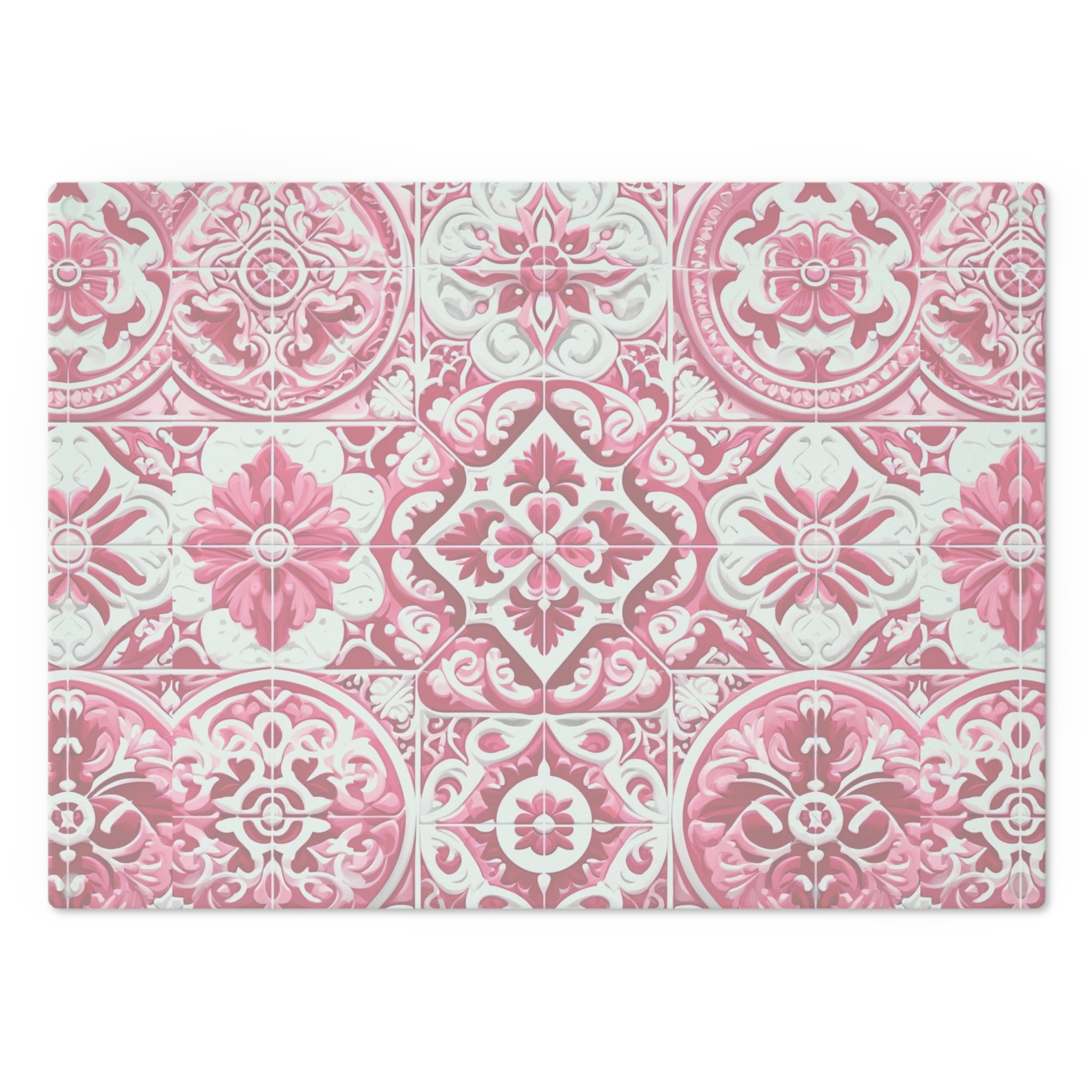 New House Tempered Glass Cutting Board with Pink and White Mediterranean Tile Design Ultra-Durable Kitchen Accessory for Stylish Cooking Kitchen Decor with Elegant Design, Housewarming, New House Gift - MRSBYVALLE