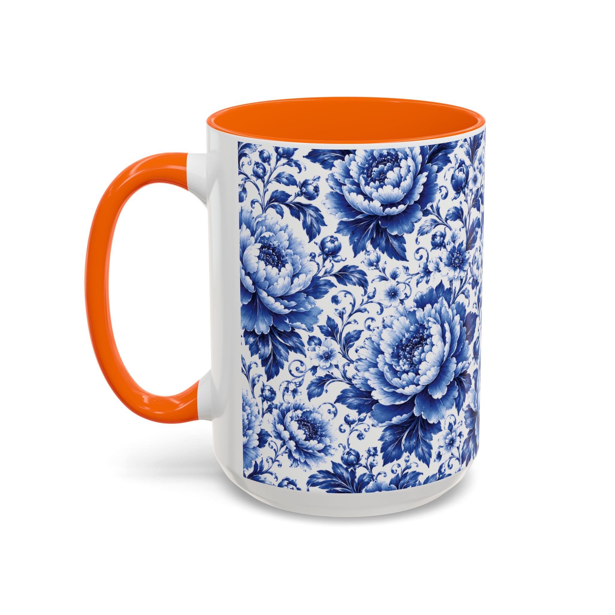 Blue Floral Ceramic Coffee Mug — Vintage Delft Peony Accent (11oz & 15oz) Blue & White Chinoiserie Tea Mug