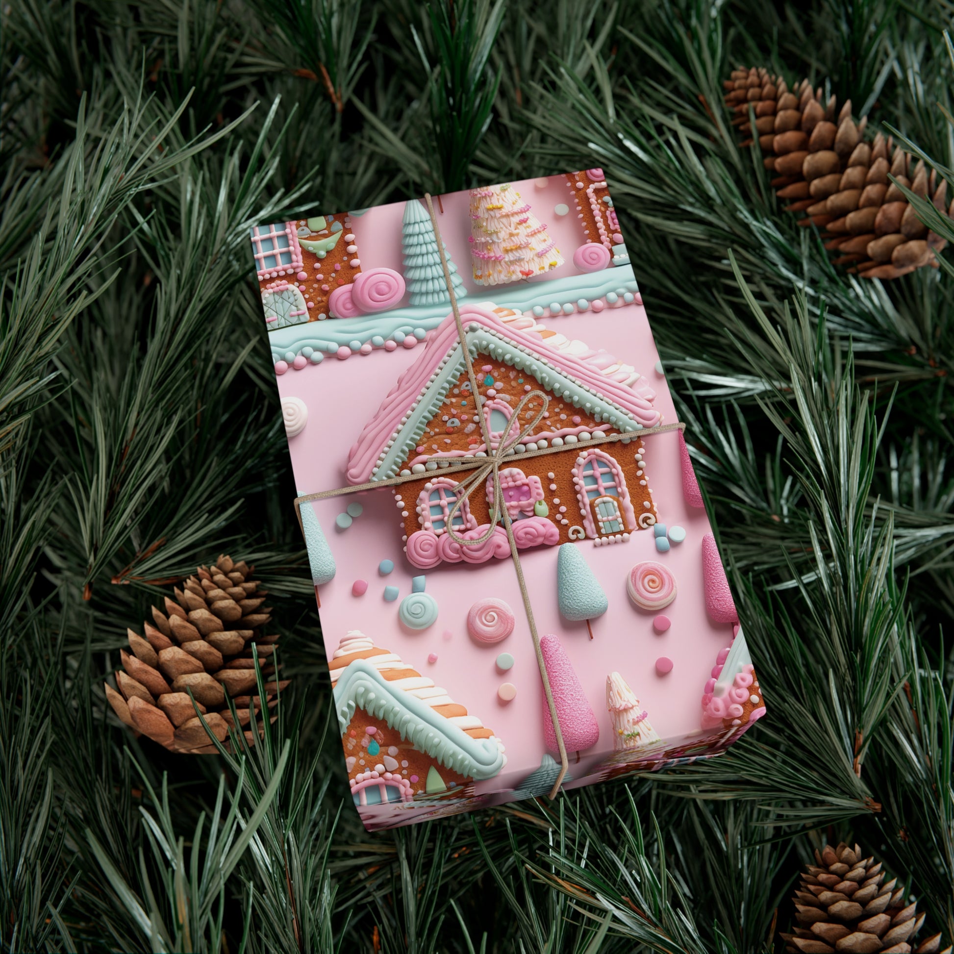 3D Clay Illusion Pink Gingerbread House Wrapping Paper Festive, Playful, and Perfect for Adding a Sweet Touch to Your Holiday Gifts Moms - MRSBYVALLE