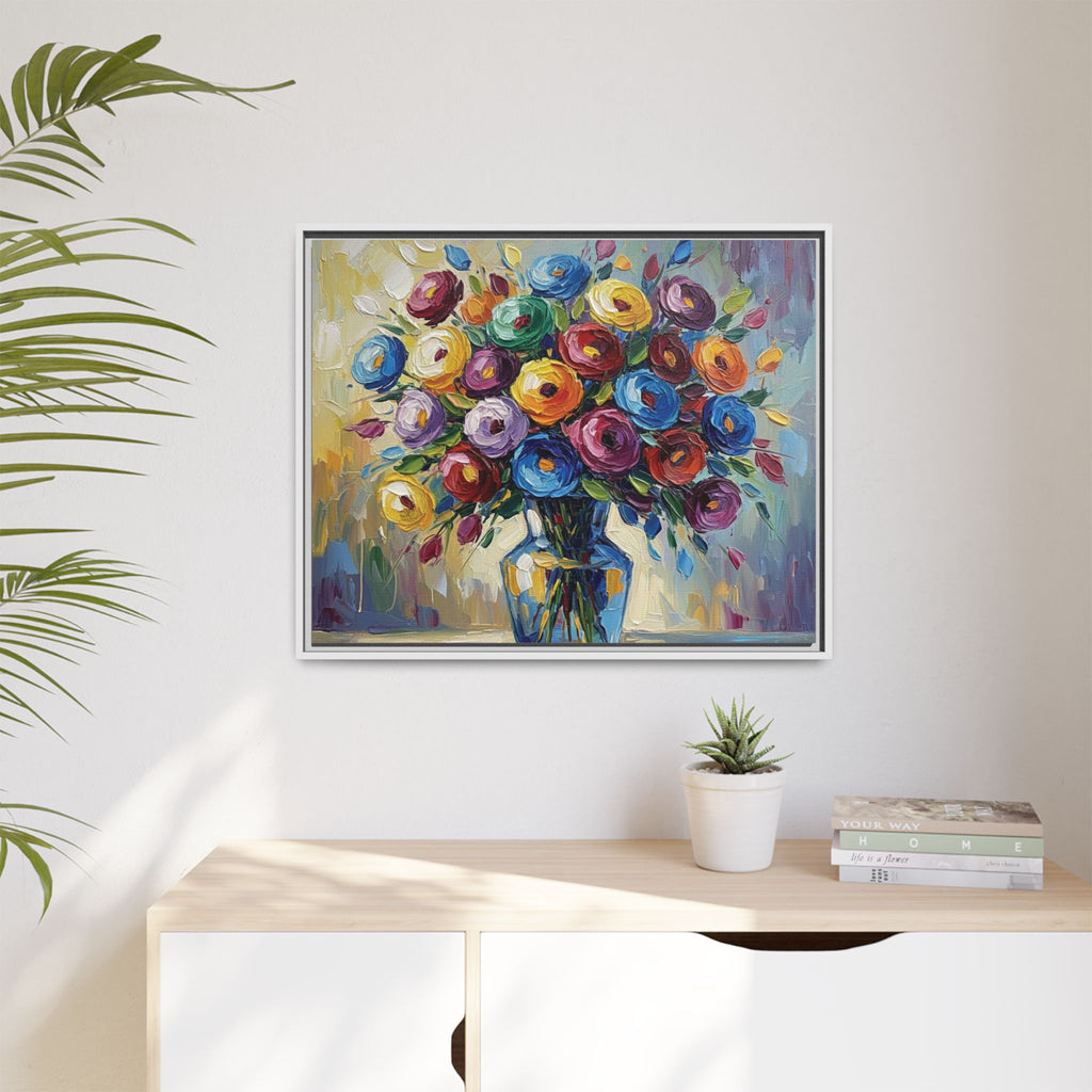 Impression sur toile bouquet floral aquarelle - Tableau mural encadré mat - Illusion de peinture à l'huile vibrante