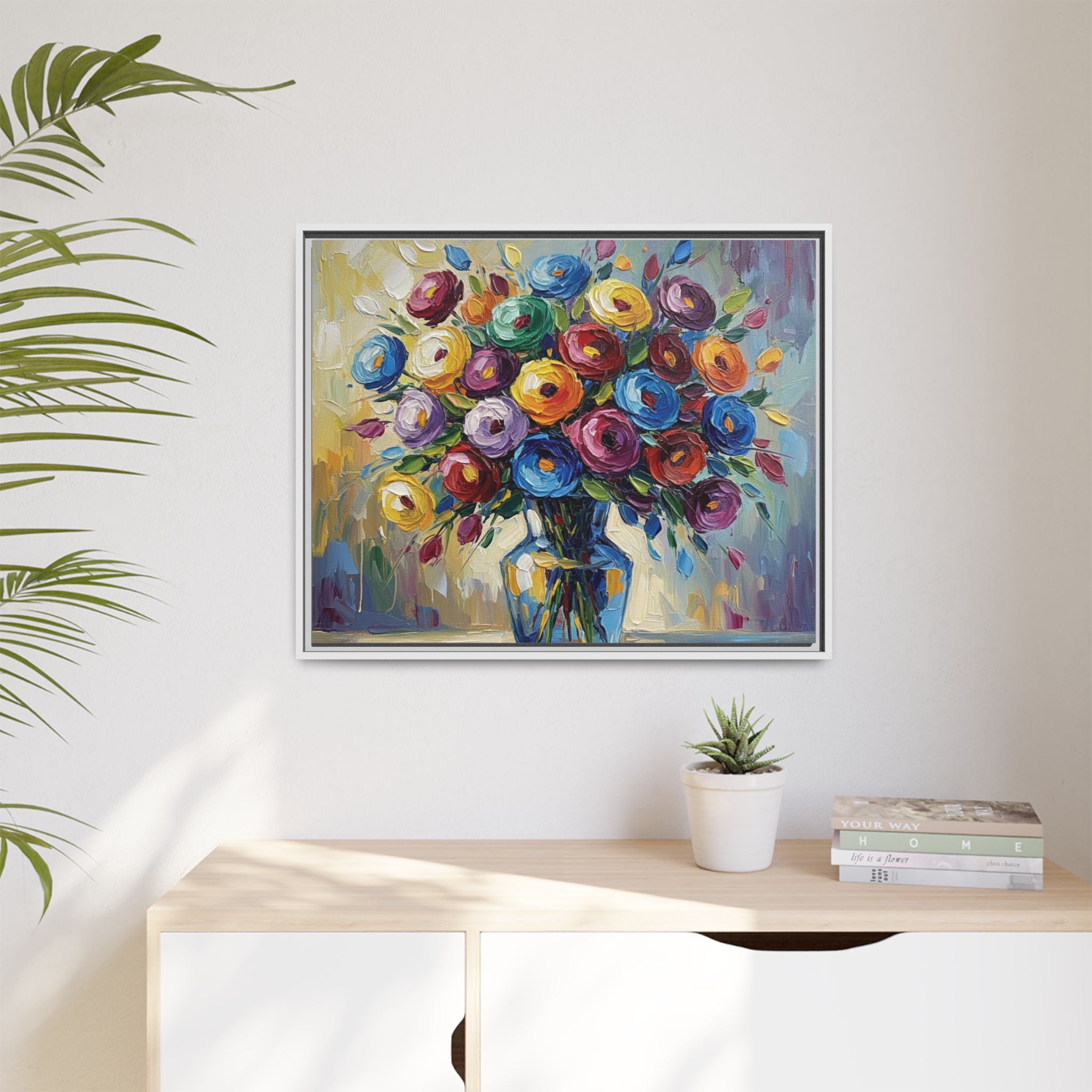 Impression sur toile bouquet floral aquarelle - Tableau mural encadré mat - Illusion de peinture à l'huile vibrante