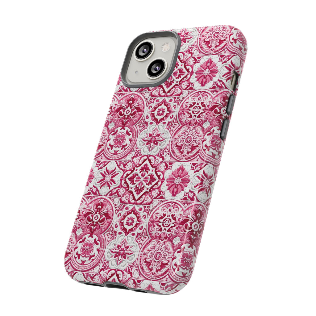 Pink and White Mediterranean Tile Design Phone Case - Stylish, Protective Cover for All Models Gift for Mom Accessory Gift for Her