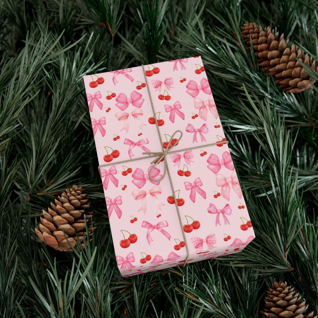 Pink Chic Coquette Wrapping Paper Pink Bows Cherries Elegance Perfect for Gifts Weddings, Bridal Baby Showers All Occasion.