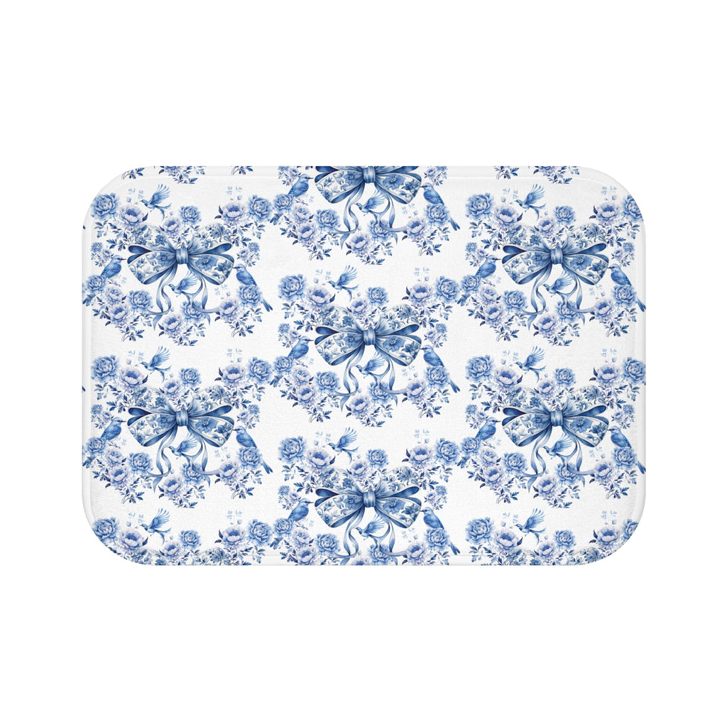 Tapis de bain élégant en chintz bleu avec nœud – Magnifiques oiseaux et motifs floraux | Tapis de bain doux, absorbant et antidérapant pour une décoration intérieure élégante et confortable