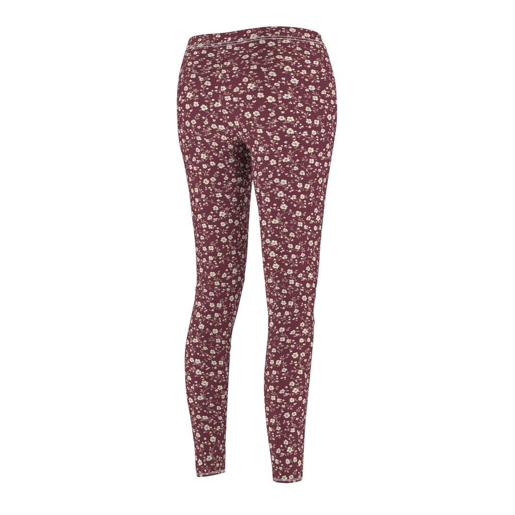 Burgundy White Floral Abstract Women's Casual Leggings Stylish, Comfortable High-Waisted Yoga Pants for Everyday Wear, Workout, and Lounge – Perfect Gift Idea for Her – Available in Plus Sizes - MRSBYVALLE