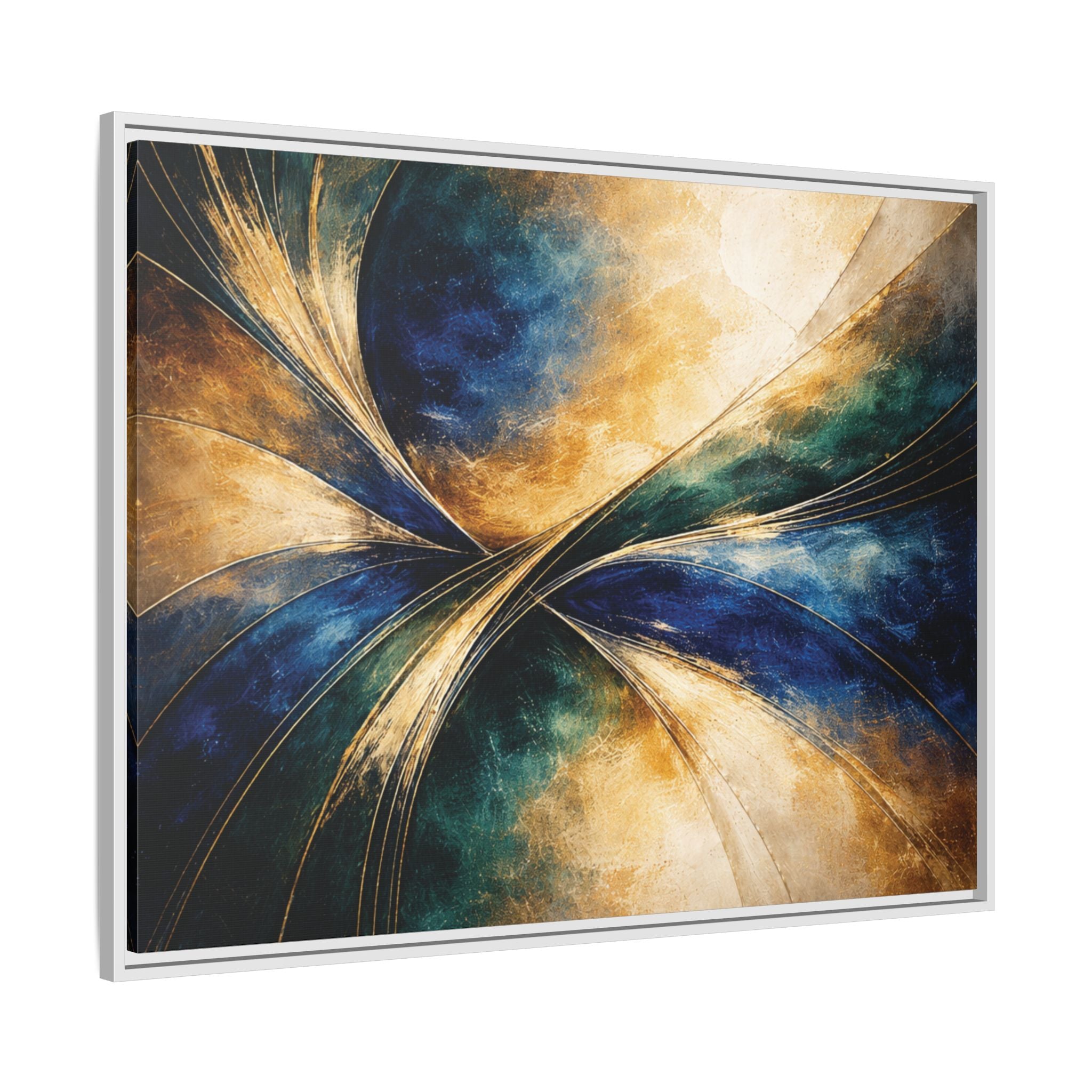 Gilded Convergence  Luxe NeoDeco Blue & Gold Abstract Wall Art Framed
