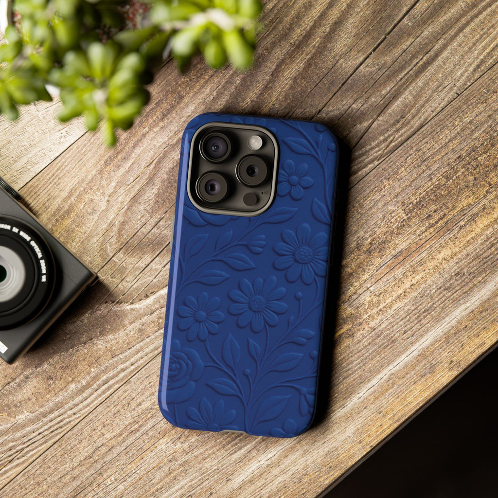 3D Illusion Floral Cobalt Blue Phone Case Elegant Raised Flower Design, Seamless Textured Look, Durable & Stylish Protection for iPhone and Android Models Fits iPhone & Samsung Models