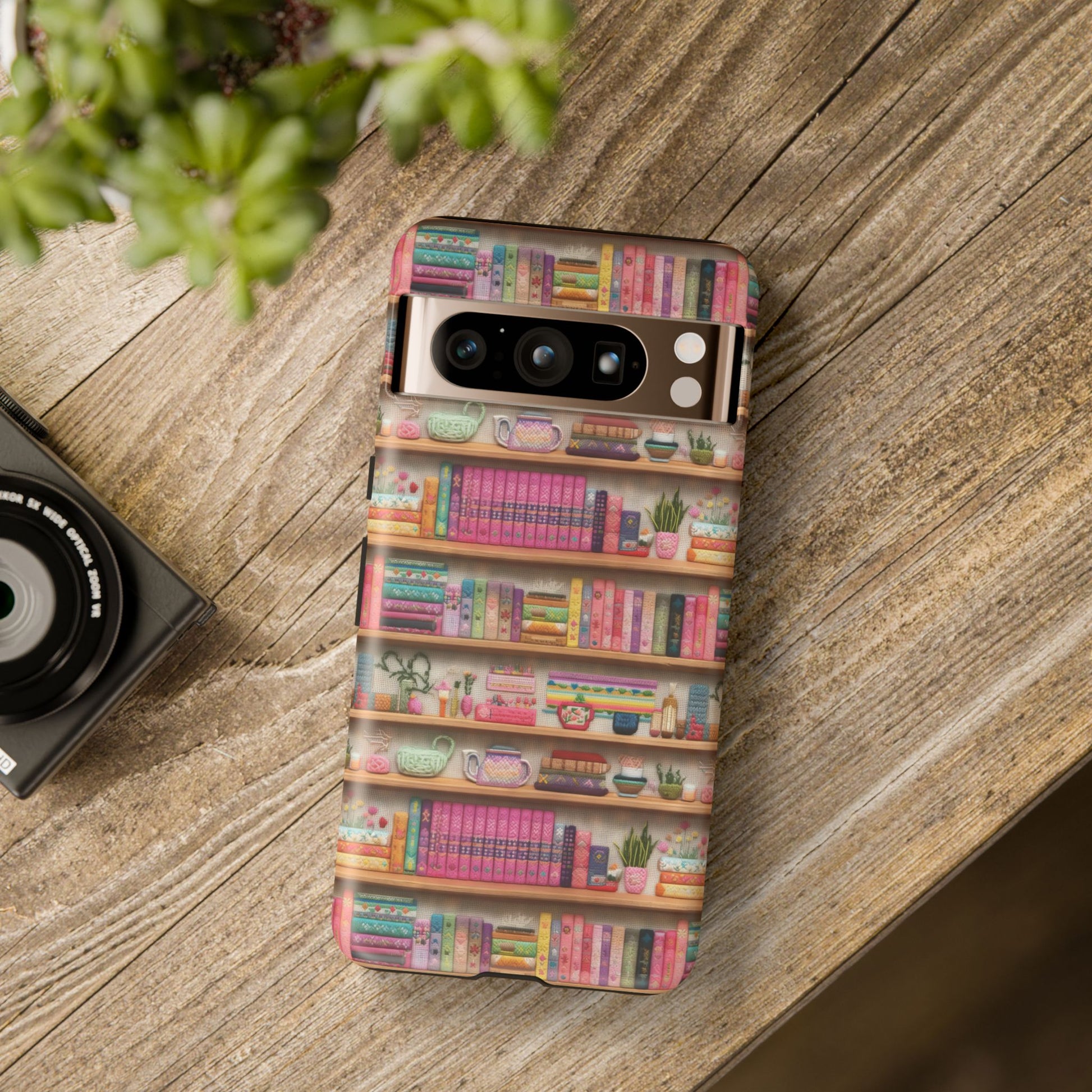 Whimsical 3D Embroidery Illusion Books on Pastel Shelves Phone Case for iPhone, Samsung & Pixel: Unique Accessory for Literary Enthusiasts Gift for Her Perfect for Floral Lover