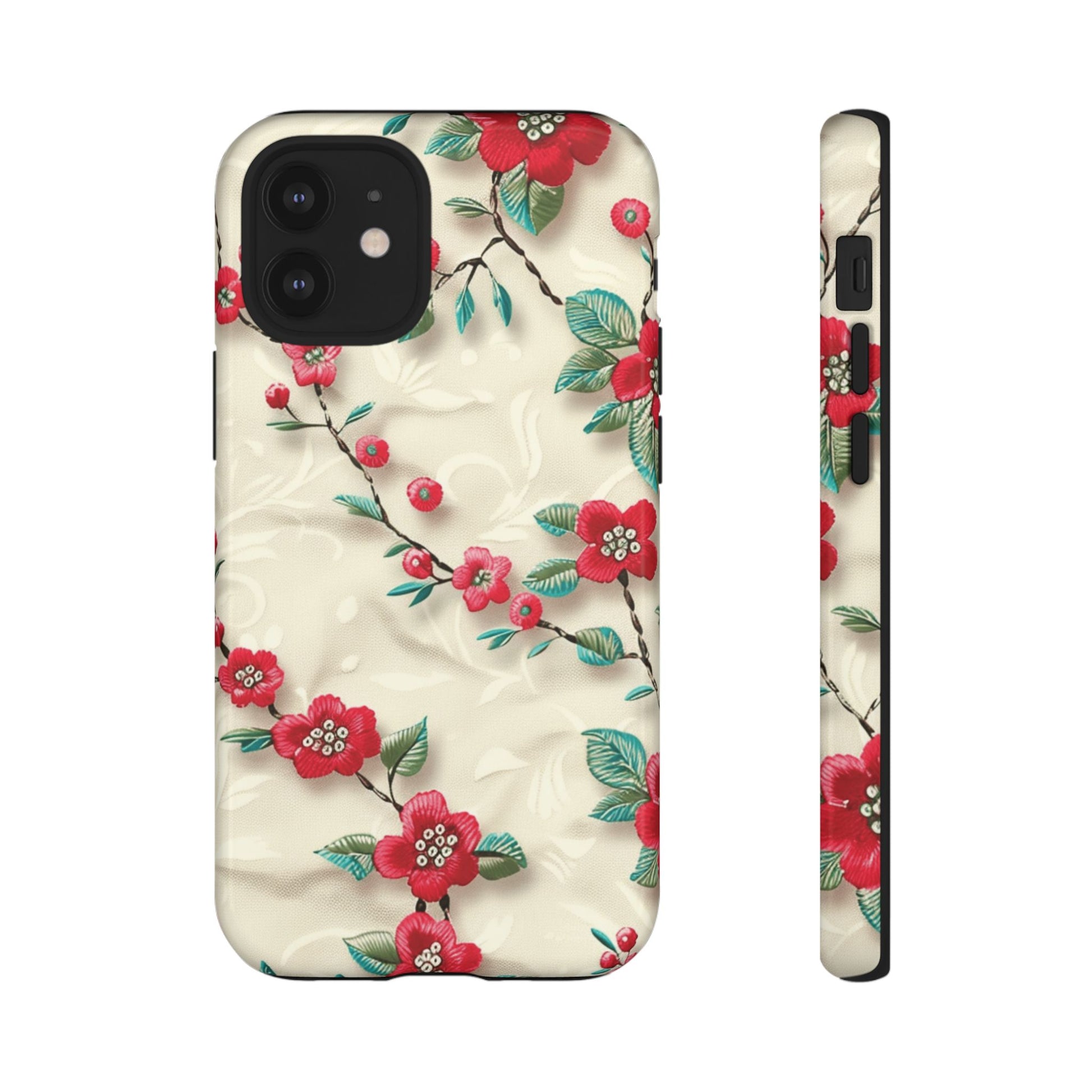 3D Embroidery Illusion Red Flowers Phone Case for iPhone, Samsung Pixel Artistic Floral Protection 15 14 13 12, 21 23 Gift for Her Perfect for Floral Lover