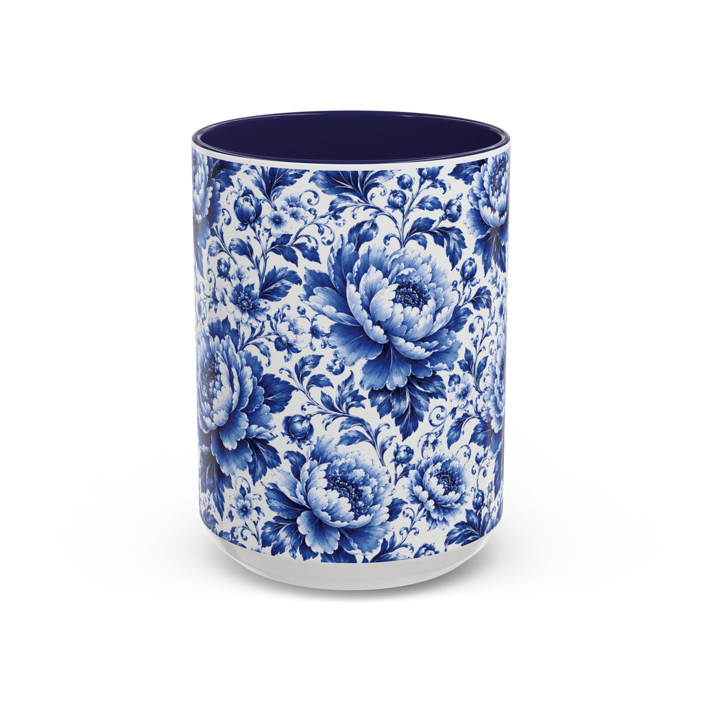 Blue Floral Ceramic Coffee Mug — Vintage Delft Peony Accent (11oz & 15oz) Blue & White Chinoiserie Tea Mug