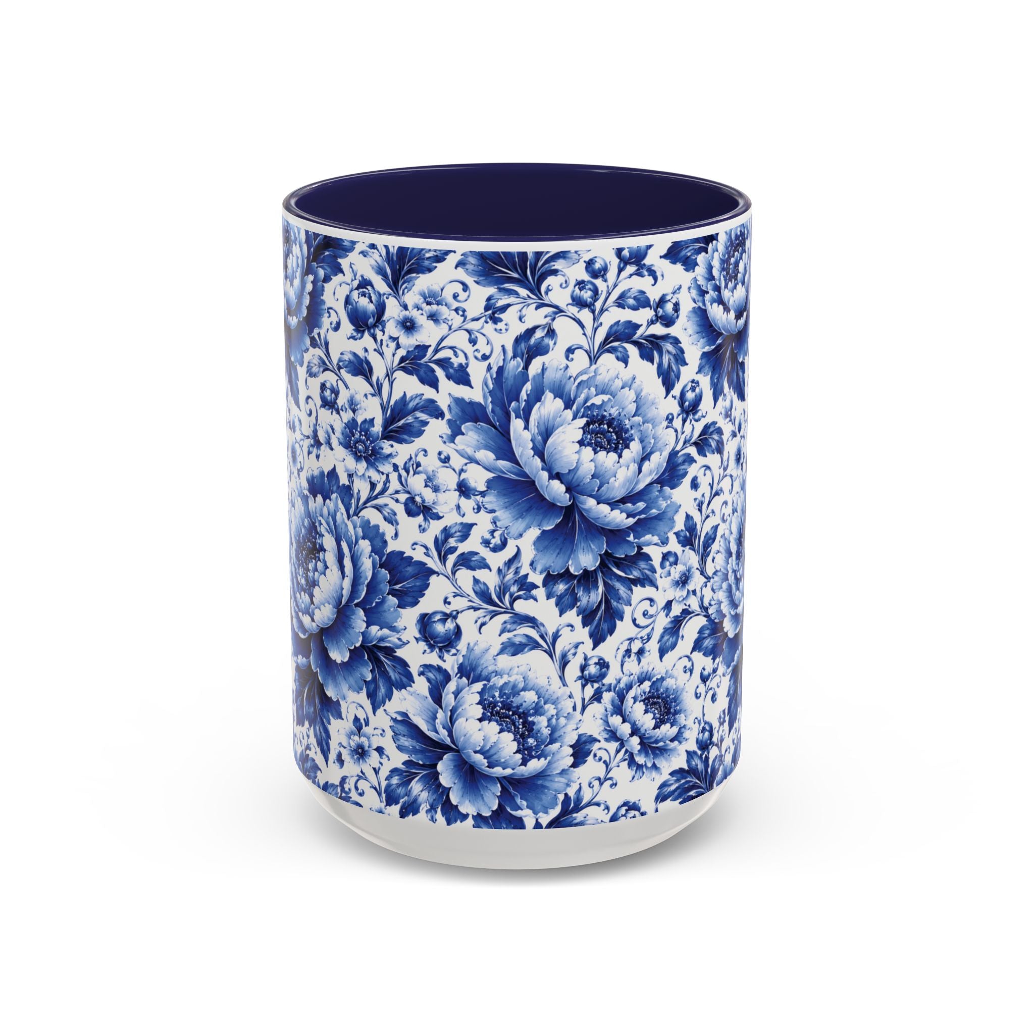 Blue Floral Ceramic Coffee Mug — Vintage Delft Peony Accent (11oz & 15oz) Blue & White Chinoiserie Tea Mug